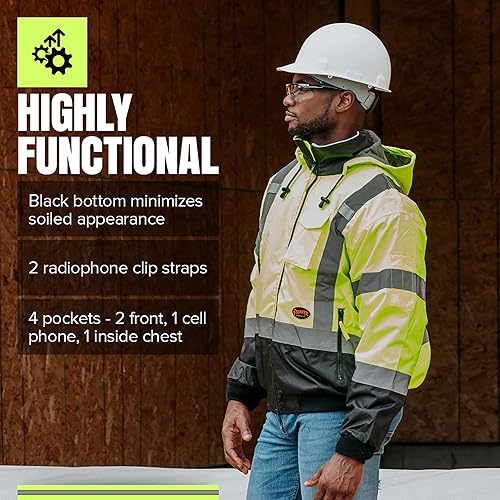 Vista 6 de Pioneer Hi Vis Safety Bomber for Men - Waterproof, Reflective ANSI Class 3 Winter Rain Jacket with Detachable Hood