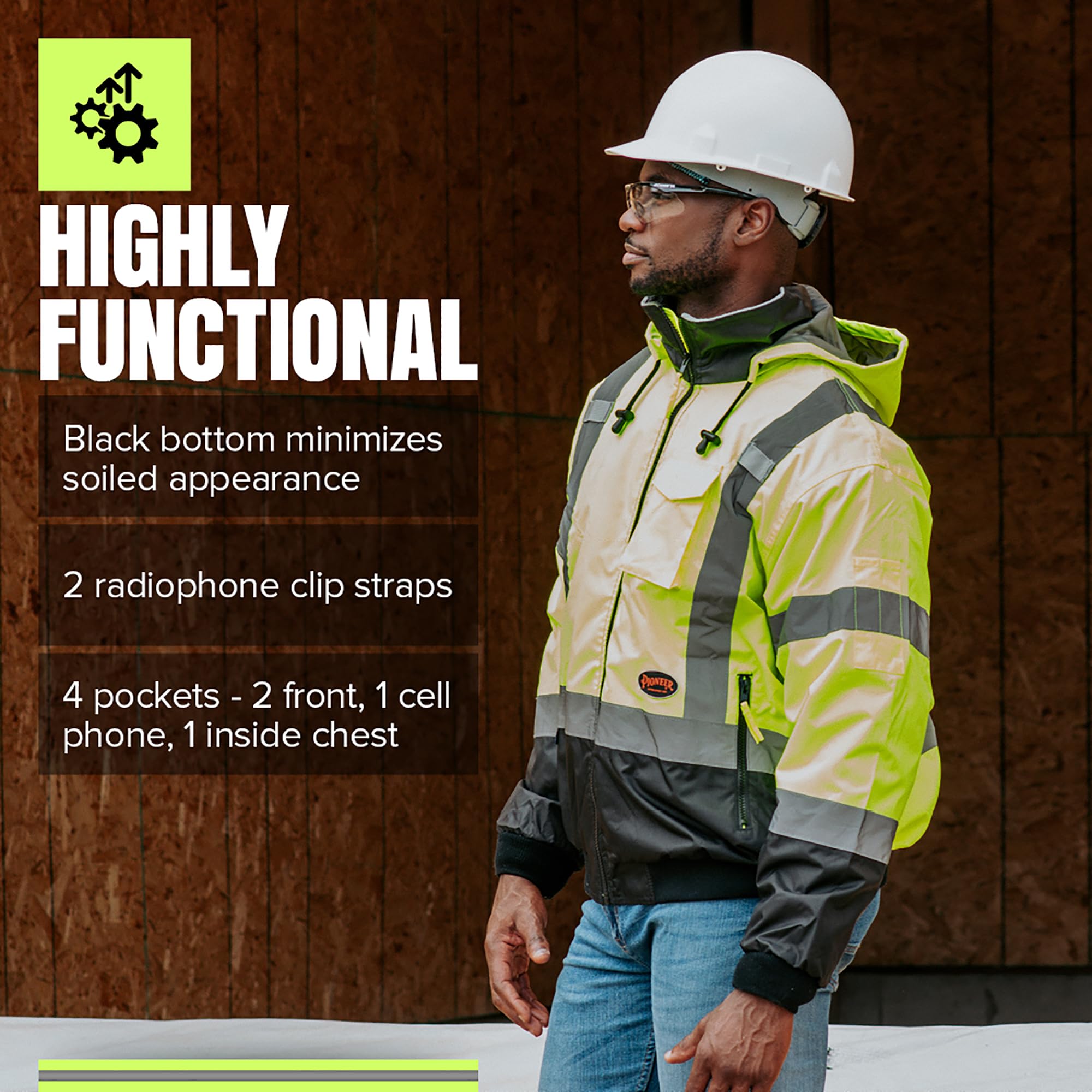 Pioneer - Chaqueta bomber de seguridad de alta visibilidad para lluvia, impermeable, reflectante, capucha desmontable, para hombres, amarillo/negro, V1130460U