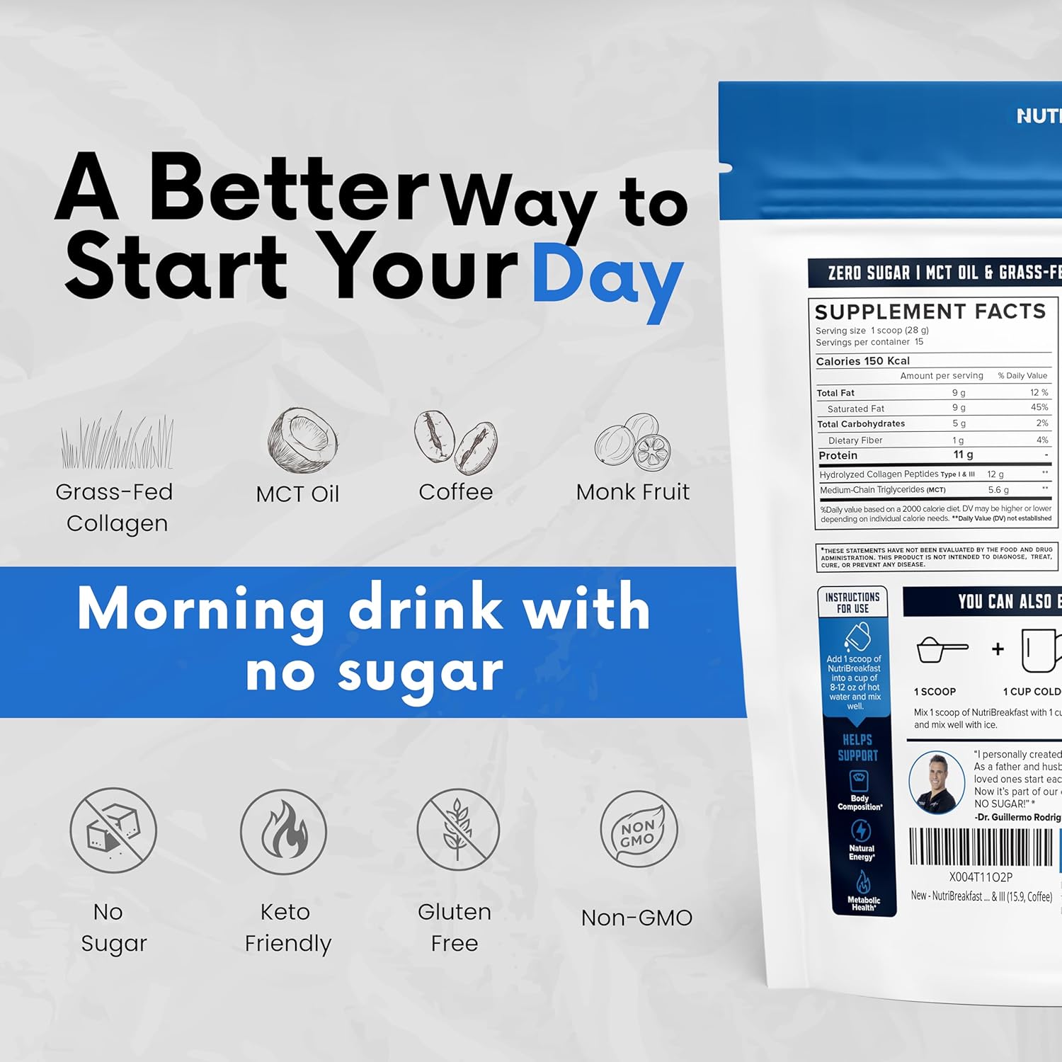 Nutri11 NutriBreakfast by Nutrillermo/Keto Protein Collagen Powder with MCT Oil/MCT Oil Powder/Keto Collagen Peptides with Grass-Fed Bovine Collagen Type I & III (15.9, Coffee)