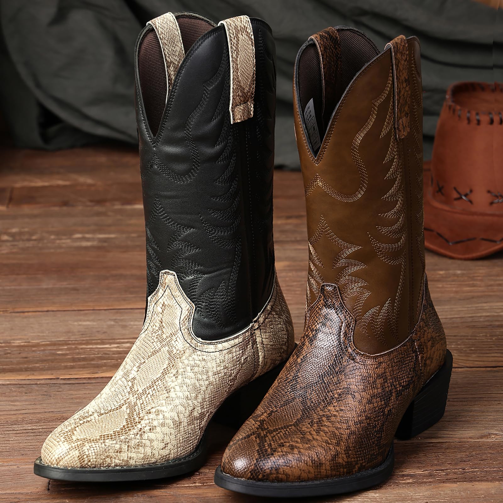 Stivali da Cowboy da Uomo Stivali Western A Punta Resistenti in Stile retrò Classico Ricamati Senza Lacci Antiscivolo Stivali Country