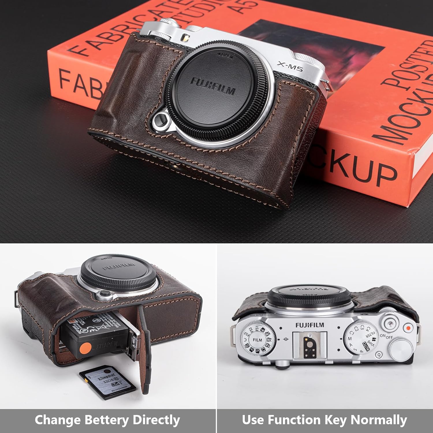 MUZIRI KINOKOO Case Compatible for Fujifilm X-M5 Fuji XM5 Camera, Retro Style Genuine Leather Fuji X-M5/XM5 Half Case Protective Cover - with Opening Bottom and Hand Grip Design - Coffee