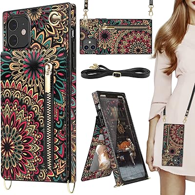 iPhone 11 Case Crossbody Wallet Case with Card Holder [RFID Blocking], Zipper Purse, Crossbody Strap, Magnetic Closure Flip Floral Leather Square Corners Protective Cover Case for iPhone 11 - Mandala