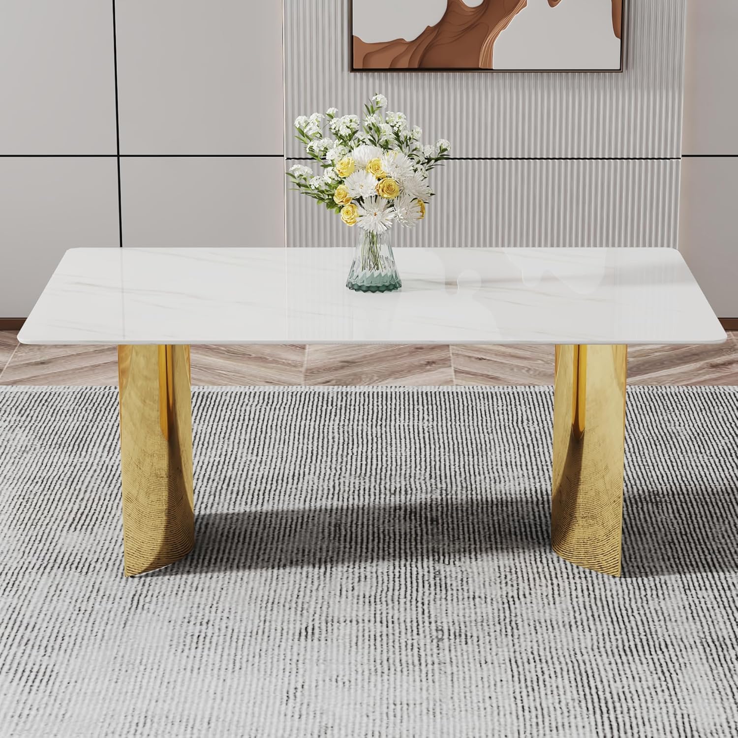 Amazon.com - gopop Modern Dining Table for 6,63'' White Marble Texture Kitchen Table with Gold ...