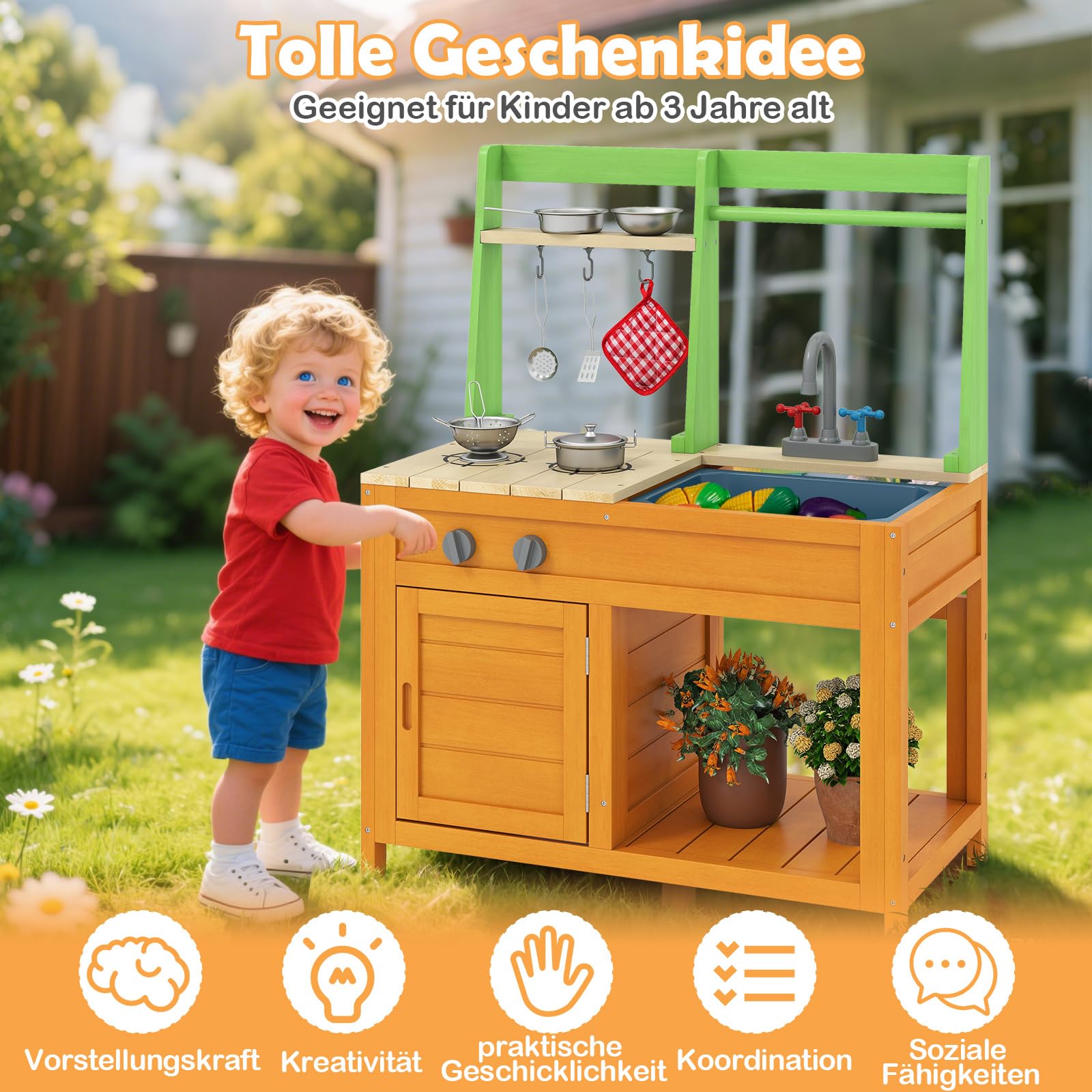COSTWAY Matschküche Kinder Outdoor, Kinderküche mit Zubehör, Spielküche mit realistischen Herden & Wasserhahn & Spüle & Ofen, Outdoor Küche Gartenküche für Kinder ab 3 Jahren