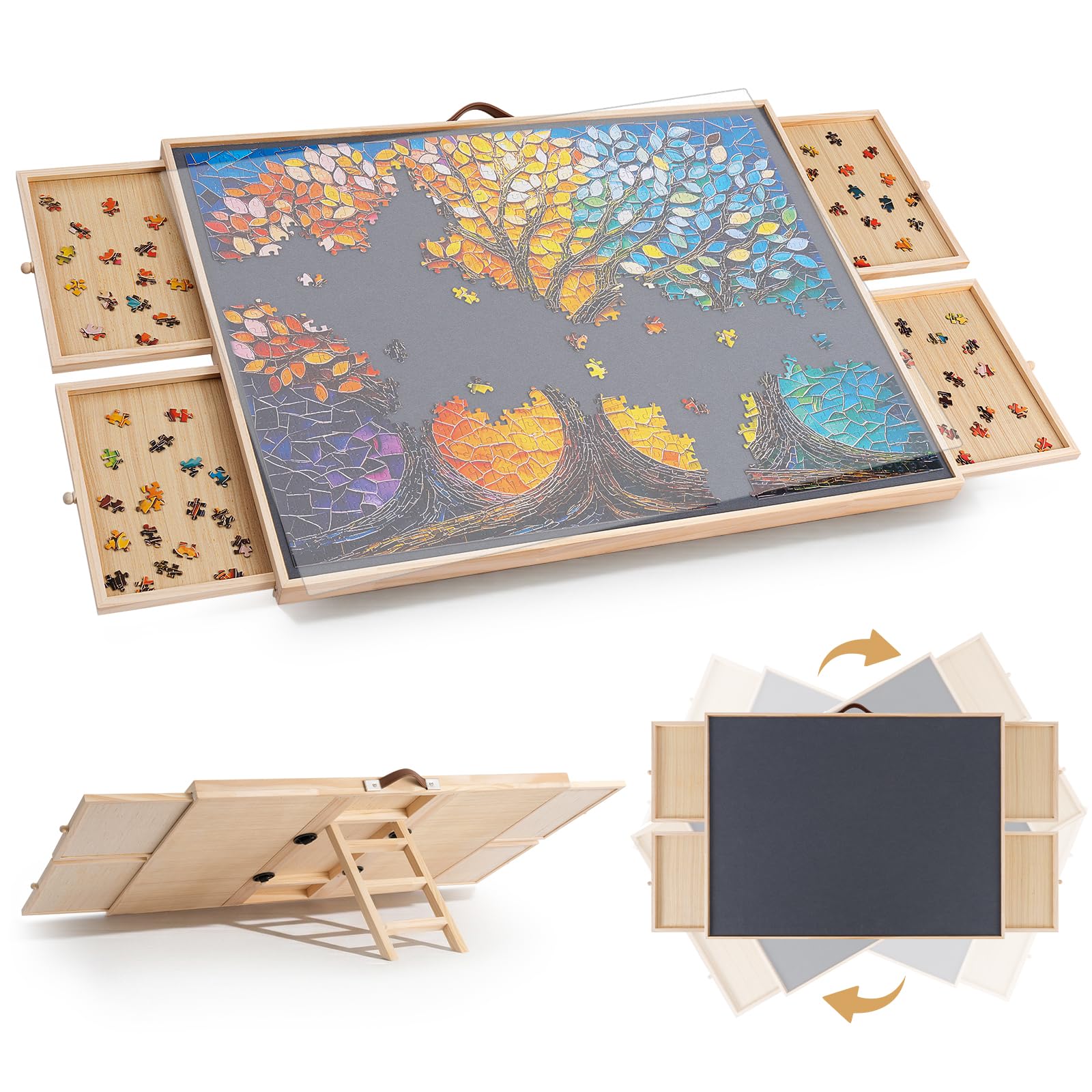 TEAKMAMA Tragbares Puzzlebrett mit Schubladen, 1500 Teile 2-in-1 neigbares und drehbares Puzzlebrett, 86,9 x 66,8 cm Jigsaw Spinning Puzzletisch für Erwachsene mit 4 Schubladen und Schutzhülle, Natur