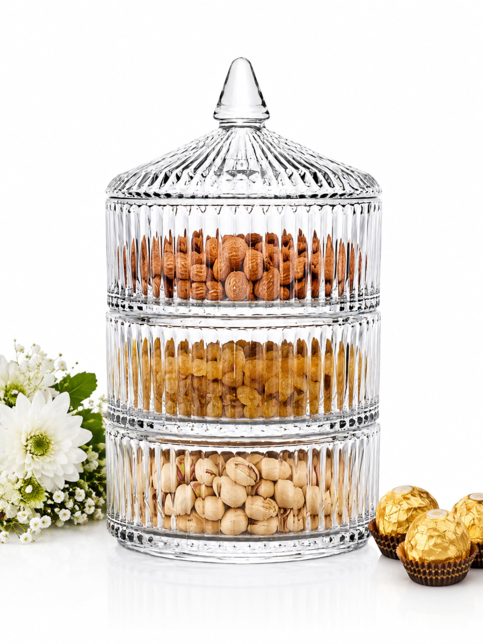 Incrizma 3 Tier Decorative Stackable Pressed Pattern Clear Glass Container Canister Organizer Apothecary Jar Set with Lid - Nice for Cookie Candy Snack Display or Kitchen Bathroom Decoration (3 Tier)-image-18