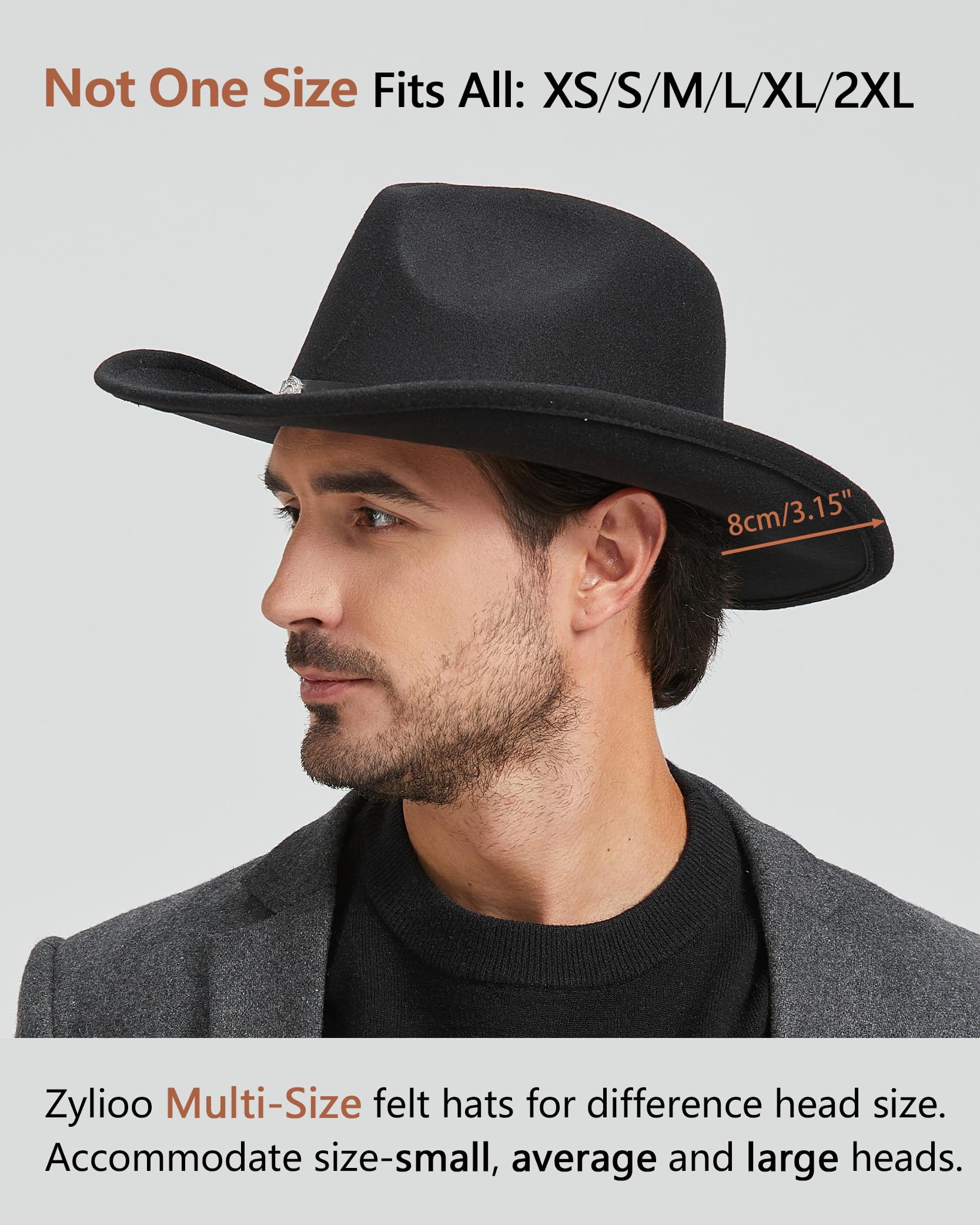 Zylioo Cappello da cowboy XXL in feltro per testa grande, cappello western con tesa larga, cappello Fedora Panama con fibbia per cintura per uomo e donna