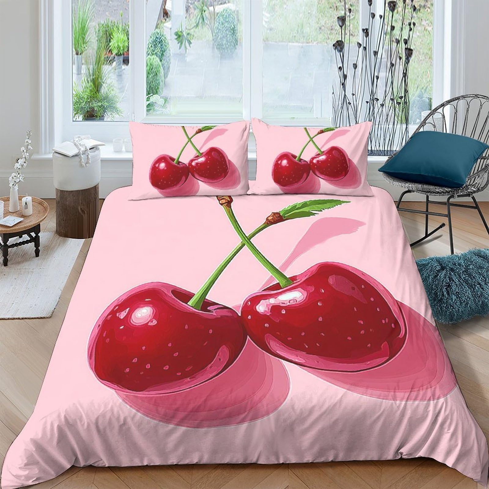 GPLZQXKJNH 3D Printed Cherry Fruit Duvet Cover Set Microfiber Pink Bedding with 2 Pillowcases for Bedroom Home Decor Single（135x200cm）