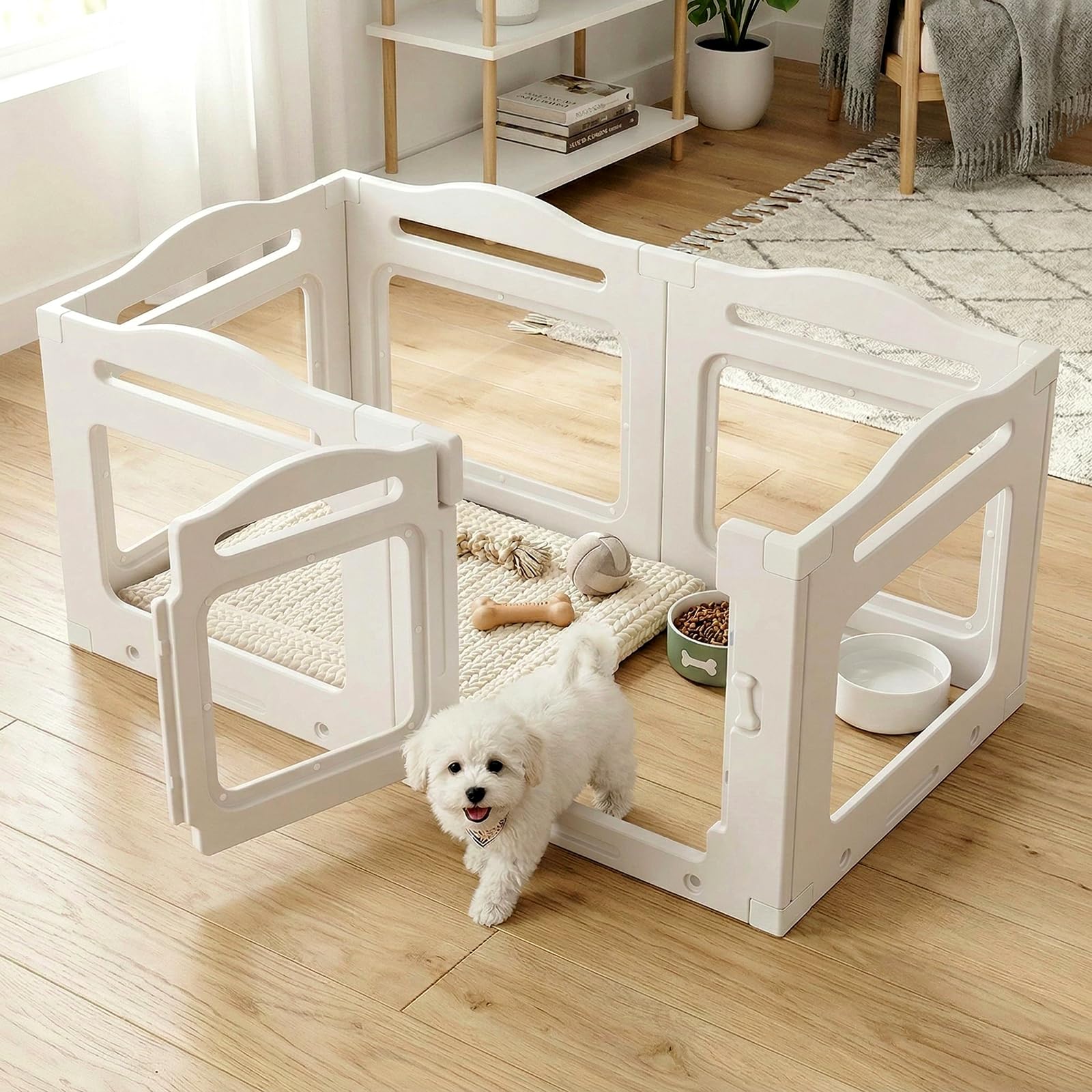 MAMIZO Recinto per Cani Acrilico 129 × 68 × 60 cm, Box per Cuccioli con Ventose, Box per il Parto Cani con Porta a Chiusura, 6PCS Pannelli Parco per Cani adatto Appartamento, Bianco