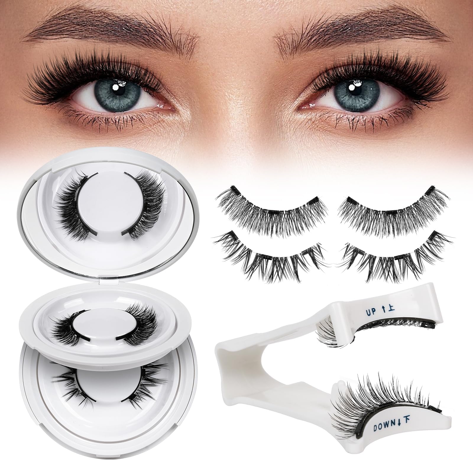 QUEWEL Magnetic Eyelashes with Applicator 2 Pair Reusable Magnetic Eyelashes No Glue Needed Eyelashes Cat Eye Natural Look Lash Clusters Kit Easy to Wear and Remove(A03)