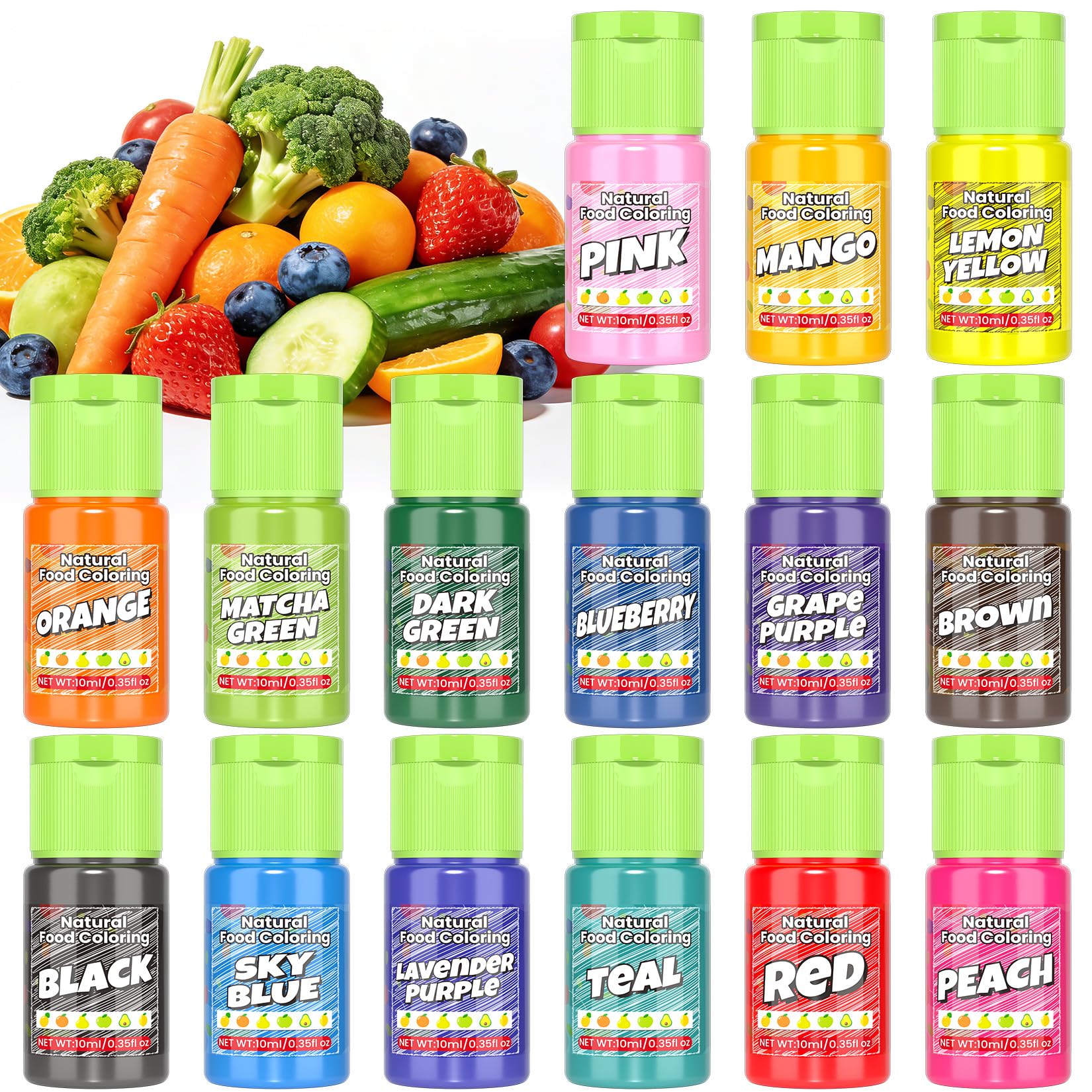 Natural Food Coloring - 15 Vibrant Colors Food Coloring Set, Food-Grade, Non-GMO, FD&C & Artificial Dye Free Natural Liquid Food Dye Set for Baking, Cake Decorating, Frosting, Icing, Fondant, Cookies, DIY Slime - 10ml (0.35fl oz)/Bottles