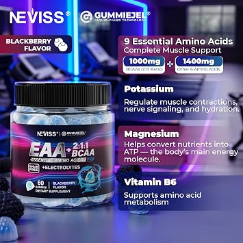 EAA Gummies Supplements, All 9 Essential Amino Acids Supplement, BCAA Amino Acids Gummies for Men WomenBranched-Chain Aminos & Electrolyte Hydration GummiesGluten Free, Raspberry Flavor, Vegan, 60ct