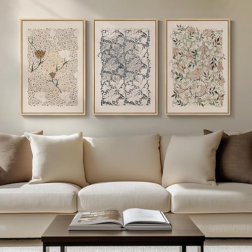 Framed William Morris Wall Art Set of 3, Large Neutral Floral Botanical Canvas Prints, Vintage Rustic Boho Artwork for Living Room, Bedroom, Hallway, Office, 16x24 Inch
