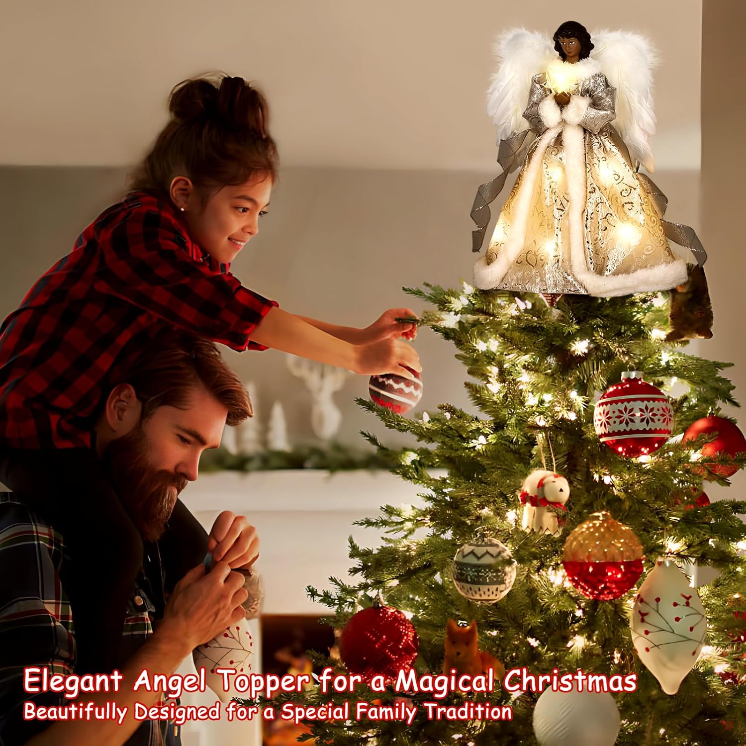 Angel Tree Topper with Lights and Remote Control, 12" Lighted Tree Toppers Christmas Decorations, Elegant and Durable, Perfect for Holiday Home Decor and Gifts, Black, WOKEISE