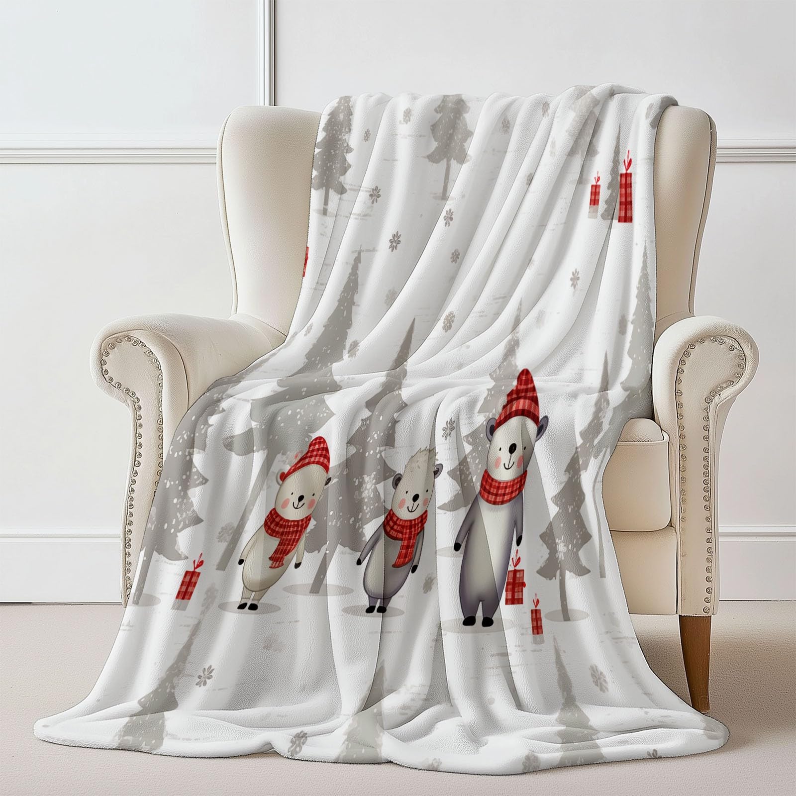 Manta Decorativa Blanco grisáceo Rojo, Estampada Elementos navideños Lindo Oso Pino, Suave y acogedora Manta de Franela para Cama sofá sillón y Silla, Adecuada para Todas Las Estaciones, 150×200 cm