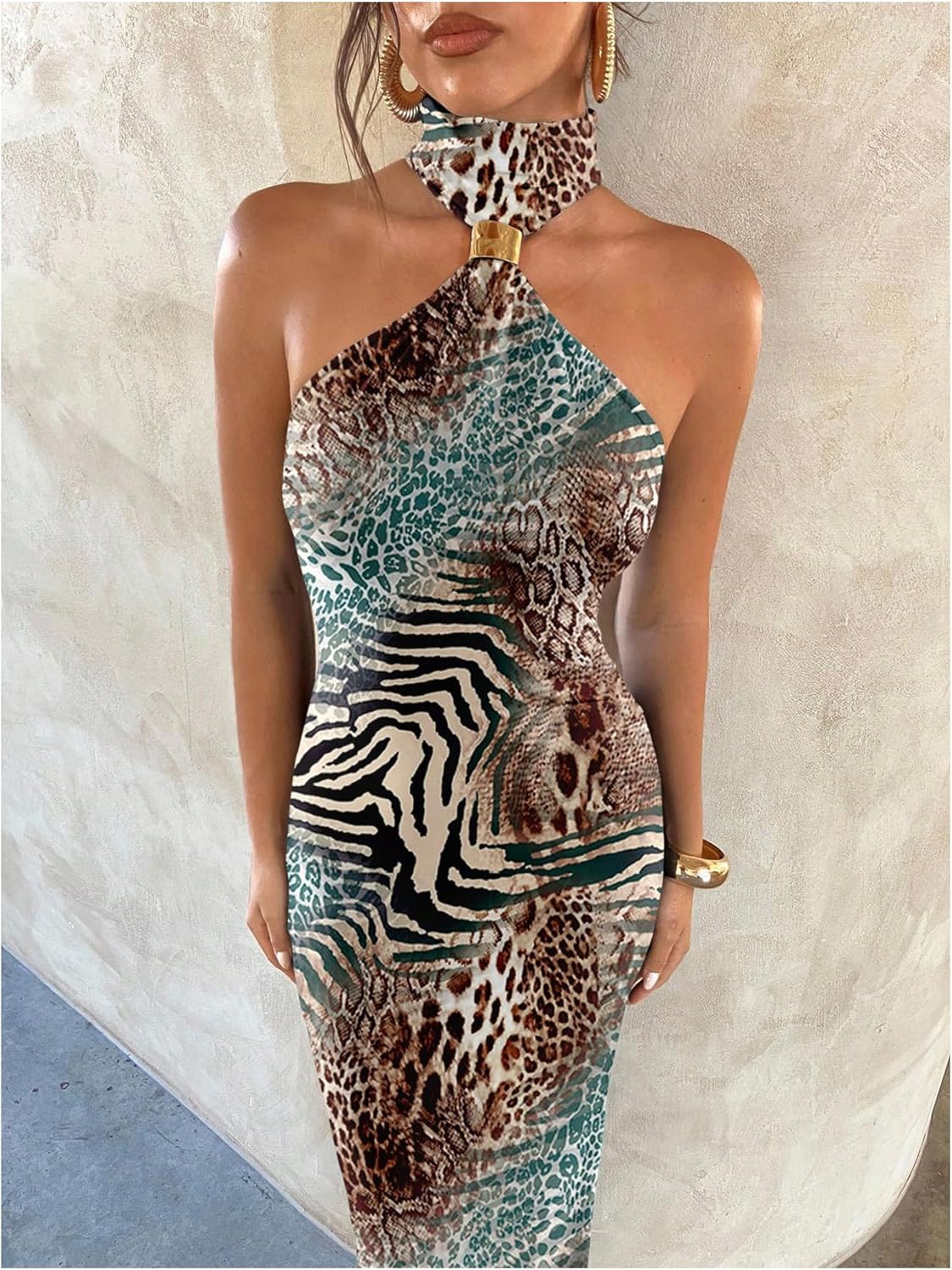 Floerns Women's Cheetah Print Sexy Halter Maxi Dress Sleeveless Slit Bodycon Party Going Out Long Dresses - Image 3