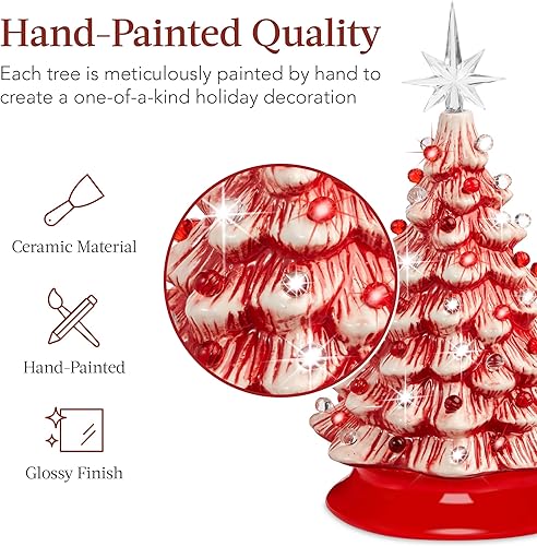 Miniatura 2 de Best Choice Products Árbol de Navidad de cerámica de 15 pulgadas, árbol de Navidad pintado a mano preiluminado, 2 adornos de estrellas, 64 luces,