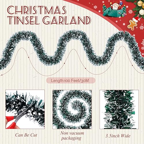 Miniatura 10 de Poen Guirnalda de oropel de Navidad de 100 pies para decoración de árbol de Navidad, decoración de árbol de oropel metálico brillante, guirnalda de