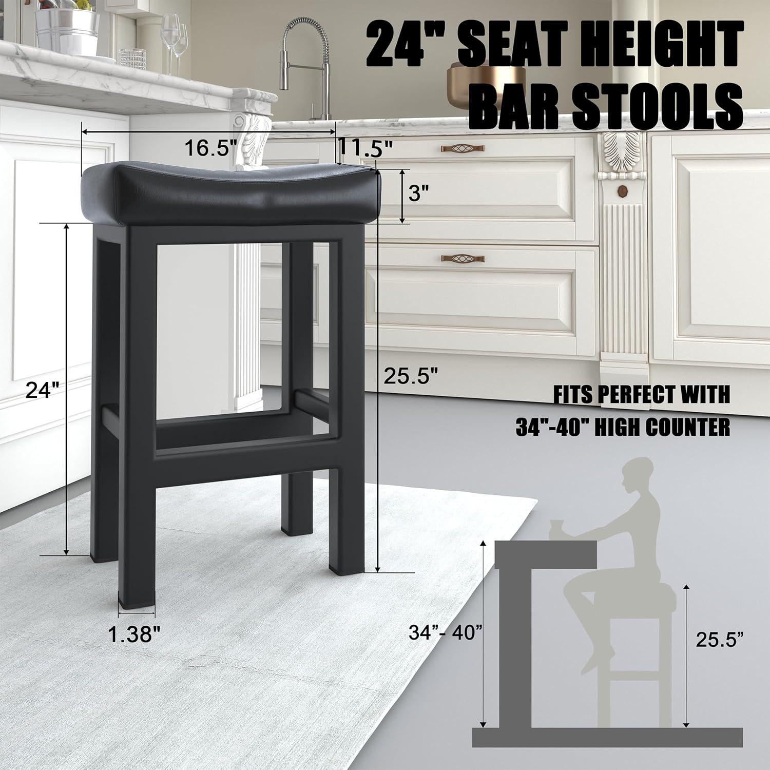 Bar Stools Set of 2, 24 Inch Counter Height Bar Stools for Kitchen Island, Faux Leather Upholstered Thick Saddle Seats & Heavy Duty Metal Base, Easy Assembly, Black Black-24 in