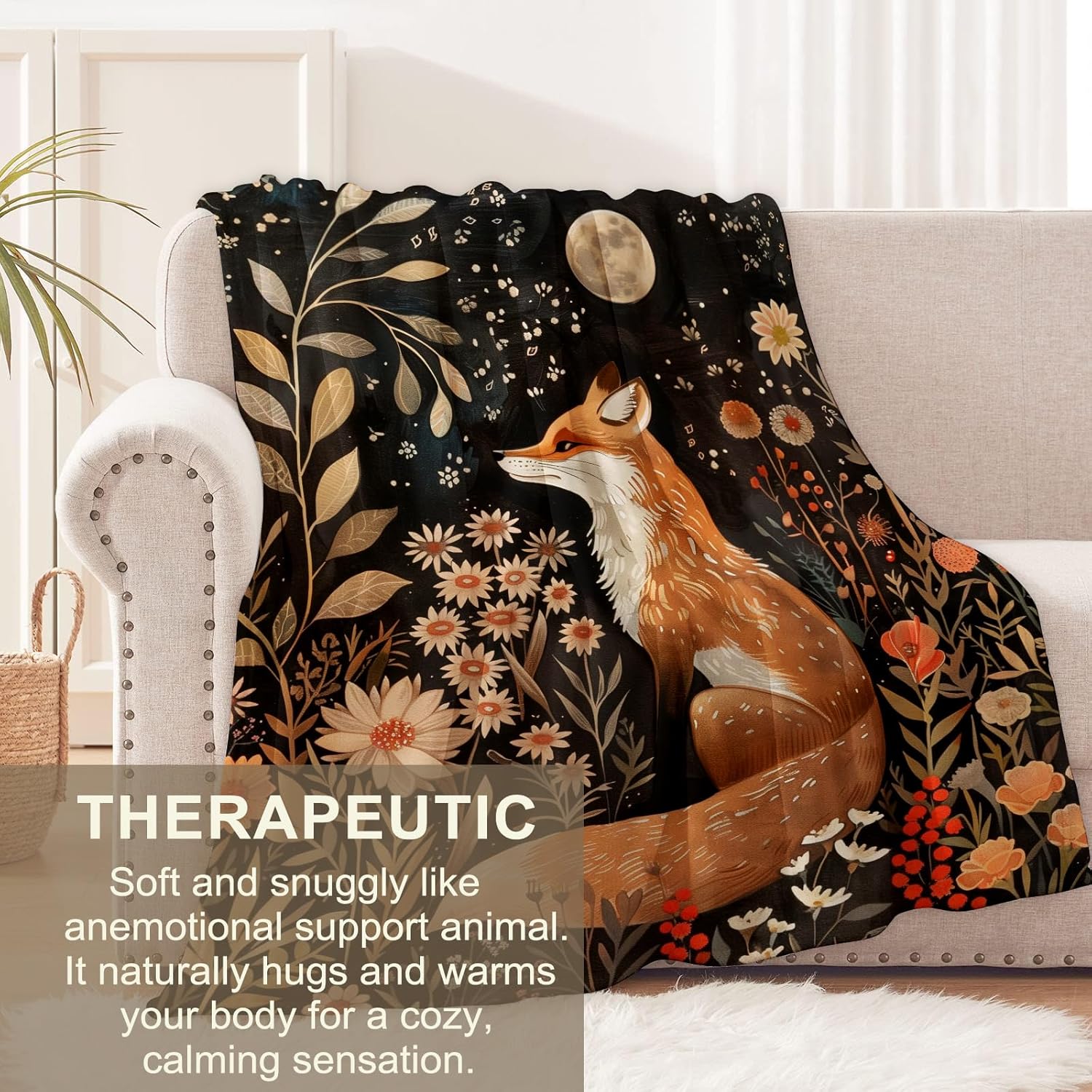 Fox Blanket for Boys Girls Kids, Flannel Throw Blanket, Floral Moon Fox Throw, 60" x 50" - Image 3