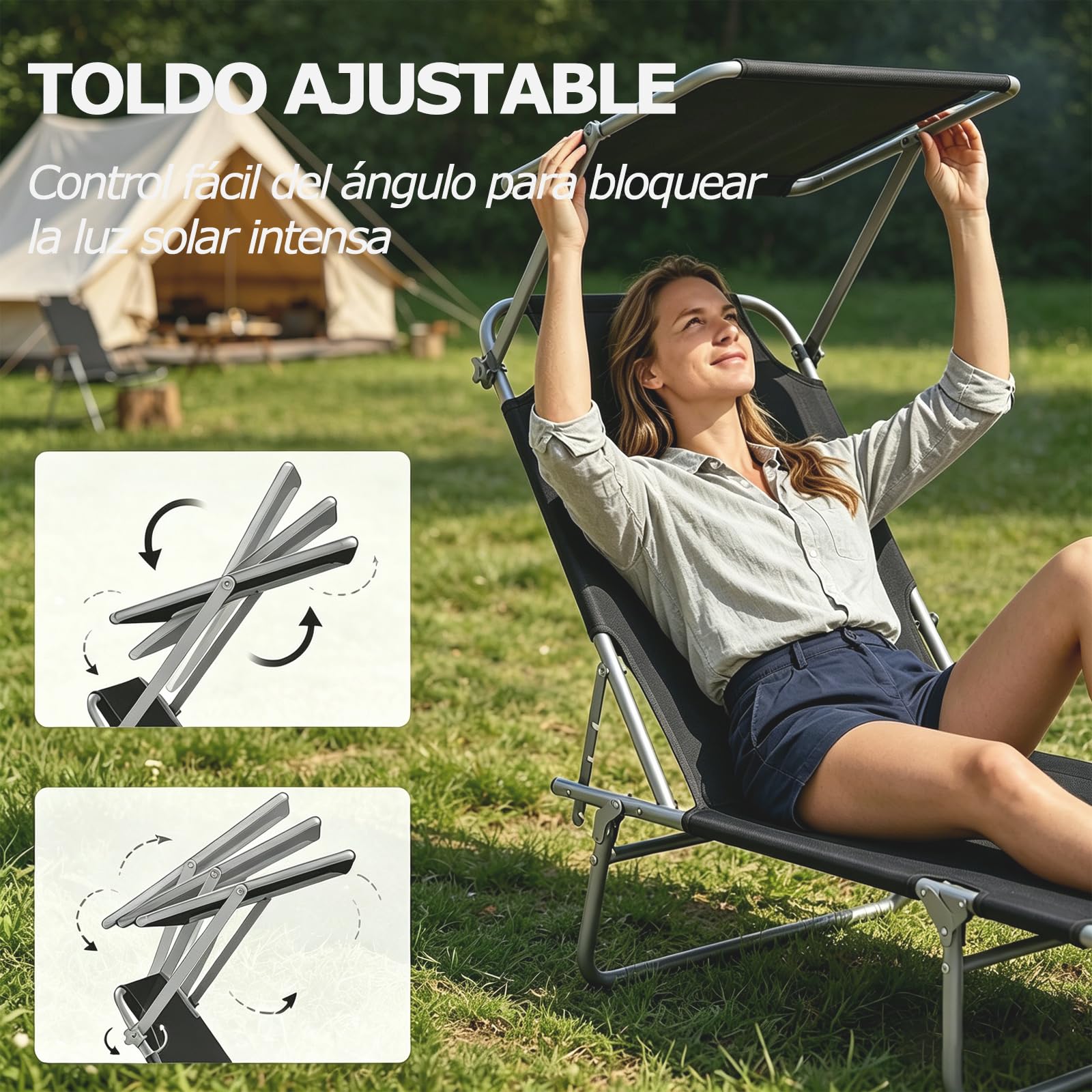 Tumbona Plegable, Tumbona Playa con Toldo Desmontable y Regulable Respaldo Reclinable, Hamacas Jardin Tumbonas para Jardín, Piscina, Terraza, Capacidad de Carga 150 kg