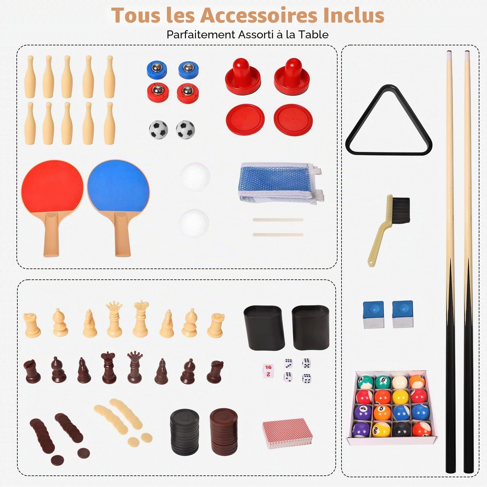 Babyfoot Table Multijeux, avec Billard, Hockey, Table de Tennis, Shuffleboard, Bowling, échecs, Dames, Backgammon etc.avec Accessoires pour Enfants et Adultes.