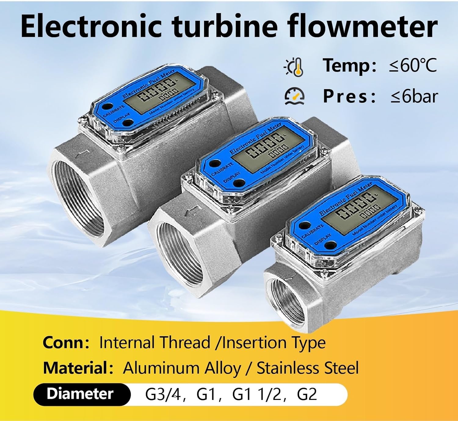 Electronic Turbine Flowmeter Digital Fuel Meter Display Diesel Methanol Liquid 1-2 Inch Threaded Aluminum(1inch Al Alloy)