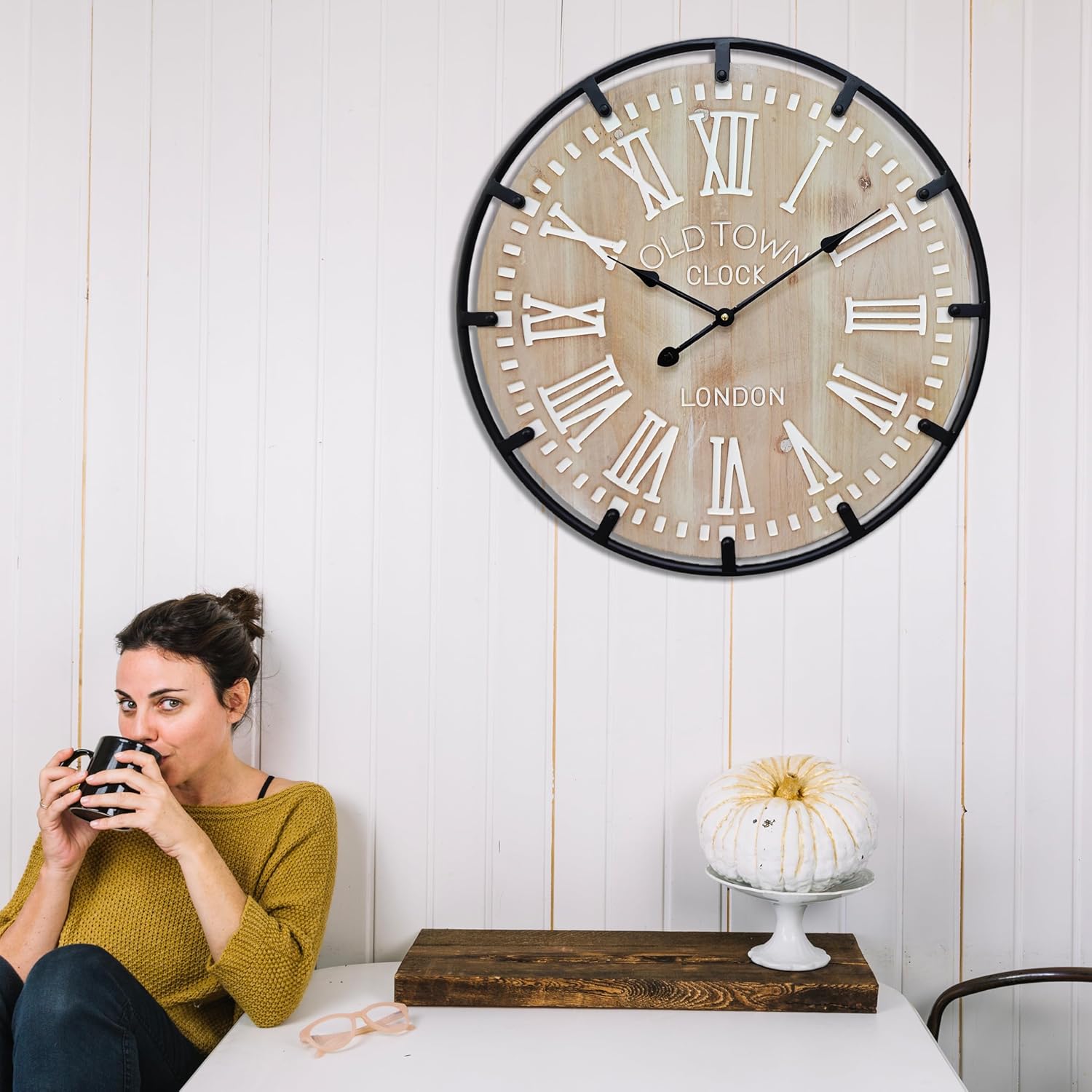 Large Farmhouse Rustic Wooden Wall Clock with Metal Frame and Large Engraved Numbers，Oversized Silent Retro Metal Wood Face Decorative Clock for Office Kitchen Bedroom Living Room (White, 24 inch)