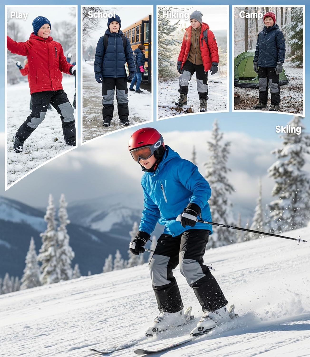 Boys Waterproof Fleece Pants Kids Cargo Hiking Winter Snow Ski Pant Trousers with Zipper Pockets