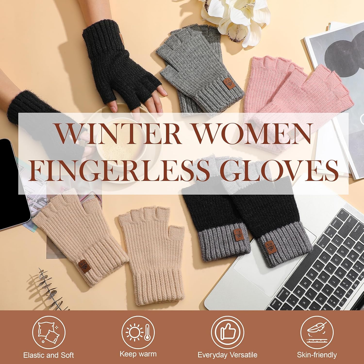 fauson Fingerless Gloves for Women - 4 Piars Winter Gloves Men Warm Knit Cold Weather, Half Finger Glove for Winter Gifts - Image 2