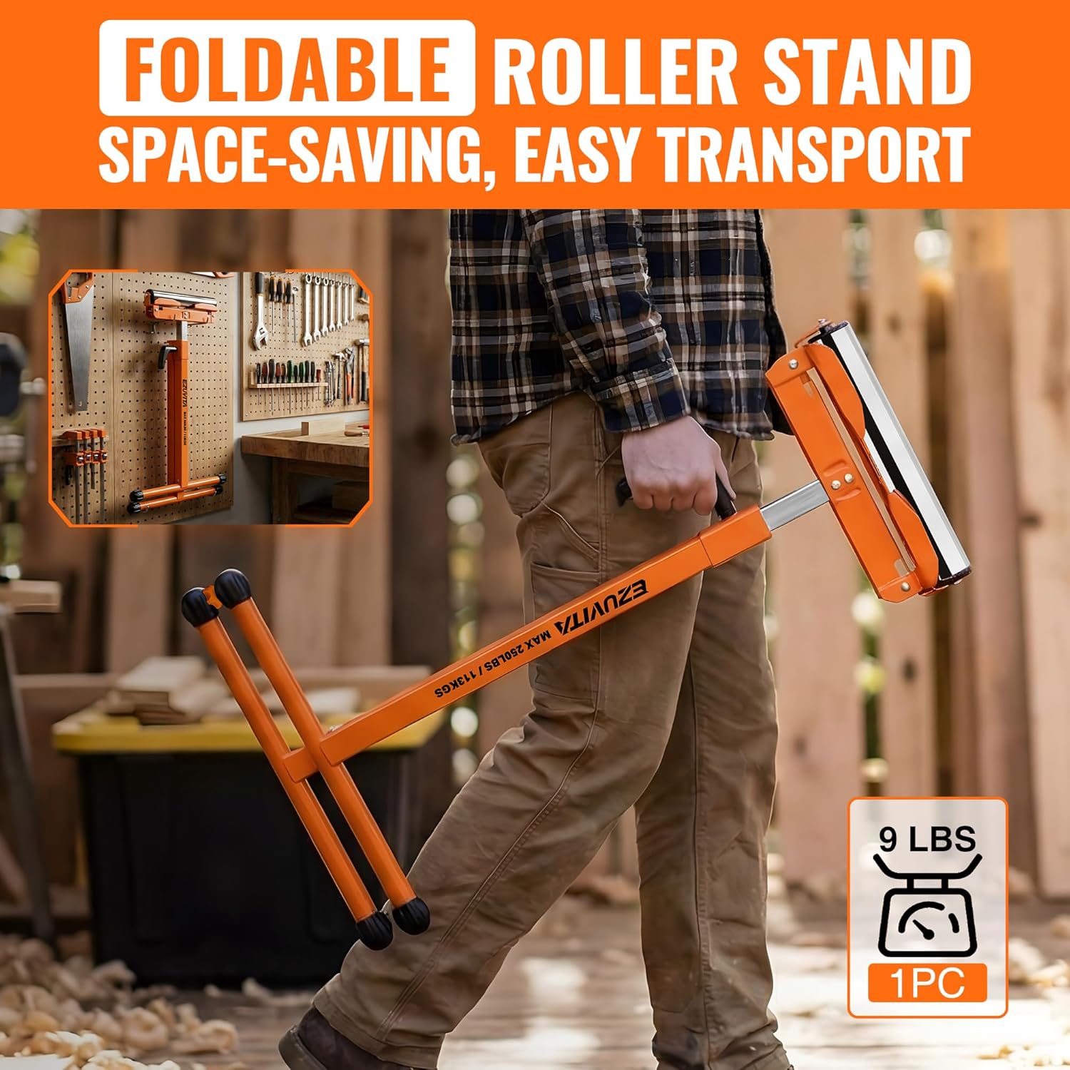 2-Pack Folding Roller Stands, 250 LBS Load Capacity Per Stand, 28–43.5" Adjustable Height, Stable Support for Table Saw Outfeed & Woodworking