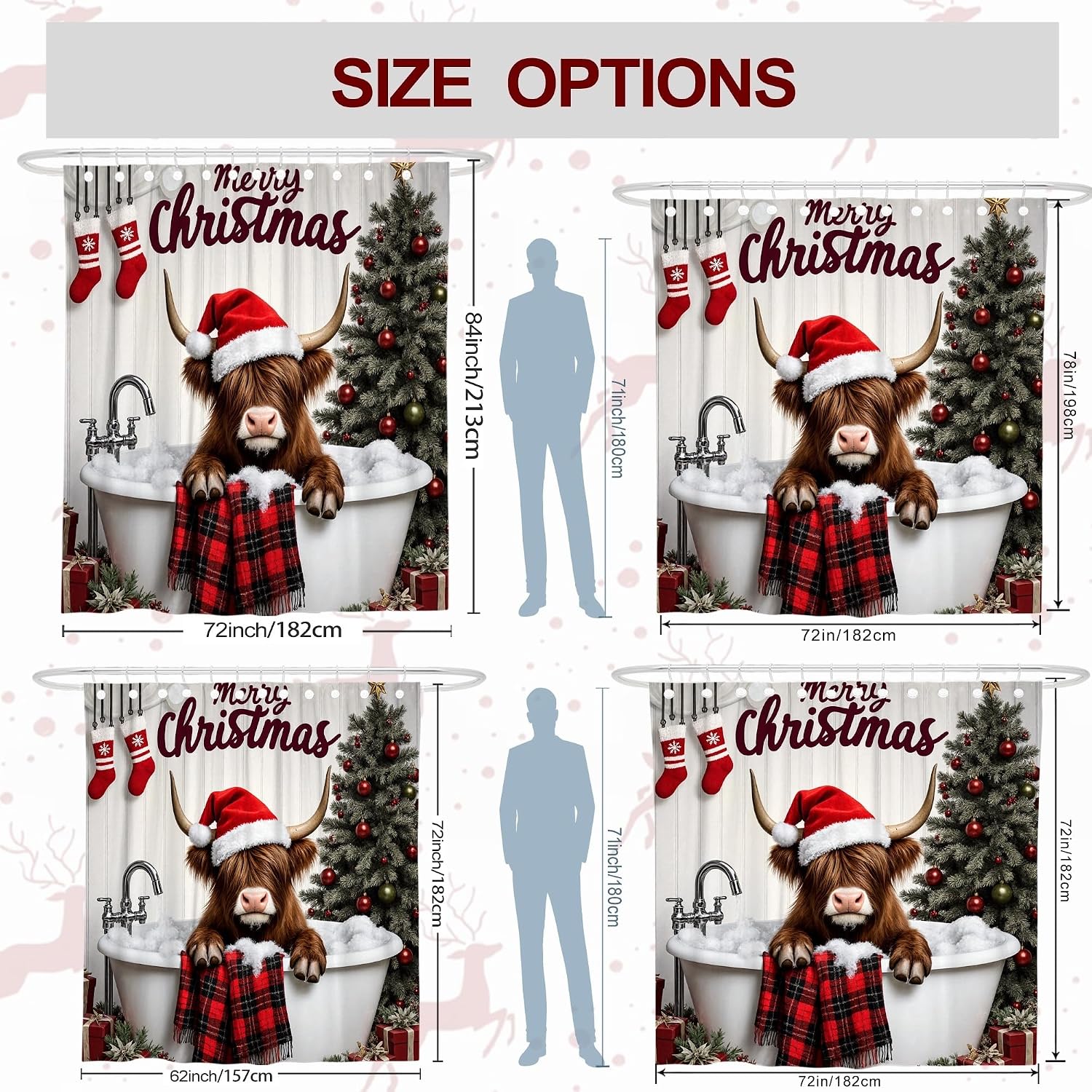Cow Shower Curtain, Festive Fanciful Santa Hat Christmas Tree Christmas Red Washable with Hooks Decorative Bathroom Curtain for Bathroom Toile Guest Room Decor 72x72 Inch