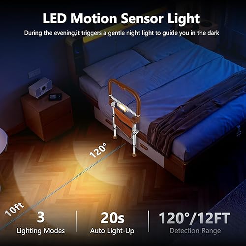 Miniatura 4 de Rieles de cama para adultos mayores, rieles de cama plegables para personas mayores con alturas ajustablesluz con sensor de movimientobolsa de