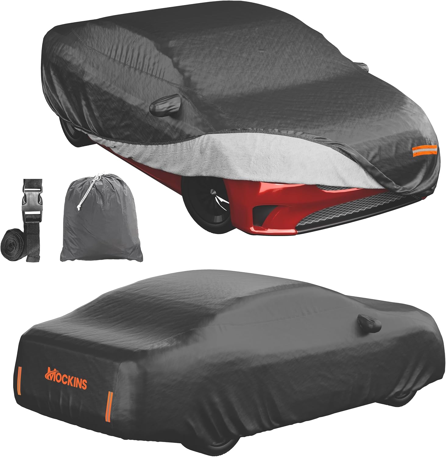 Mockins 190"x75"x47" Midsize Sedan Car Cover Waterproof All Weather Dual-Layer | 250G PVC + Cotton Indoor & Outdoor Car Covers for Automobiles | Heavy Duty Full Exterior Covers w/Buckle Strap & Bag