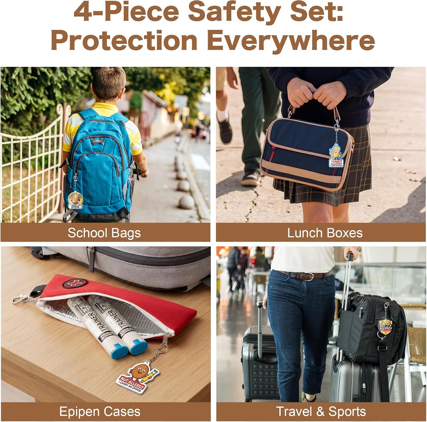4 Pack Epipen Keychain Set for Kids Adults - Peanut Allergy Medical Alert Tags, Double Side Key Tag for Zipper Pull Charm, 2.6"