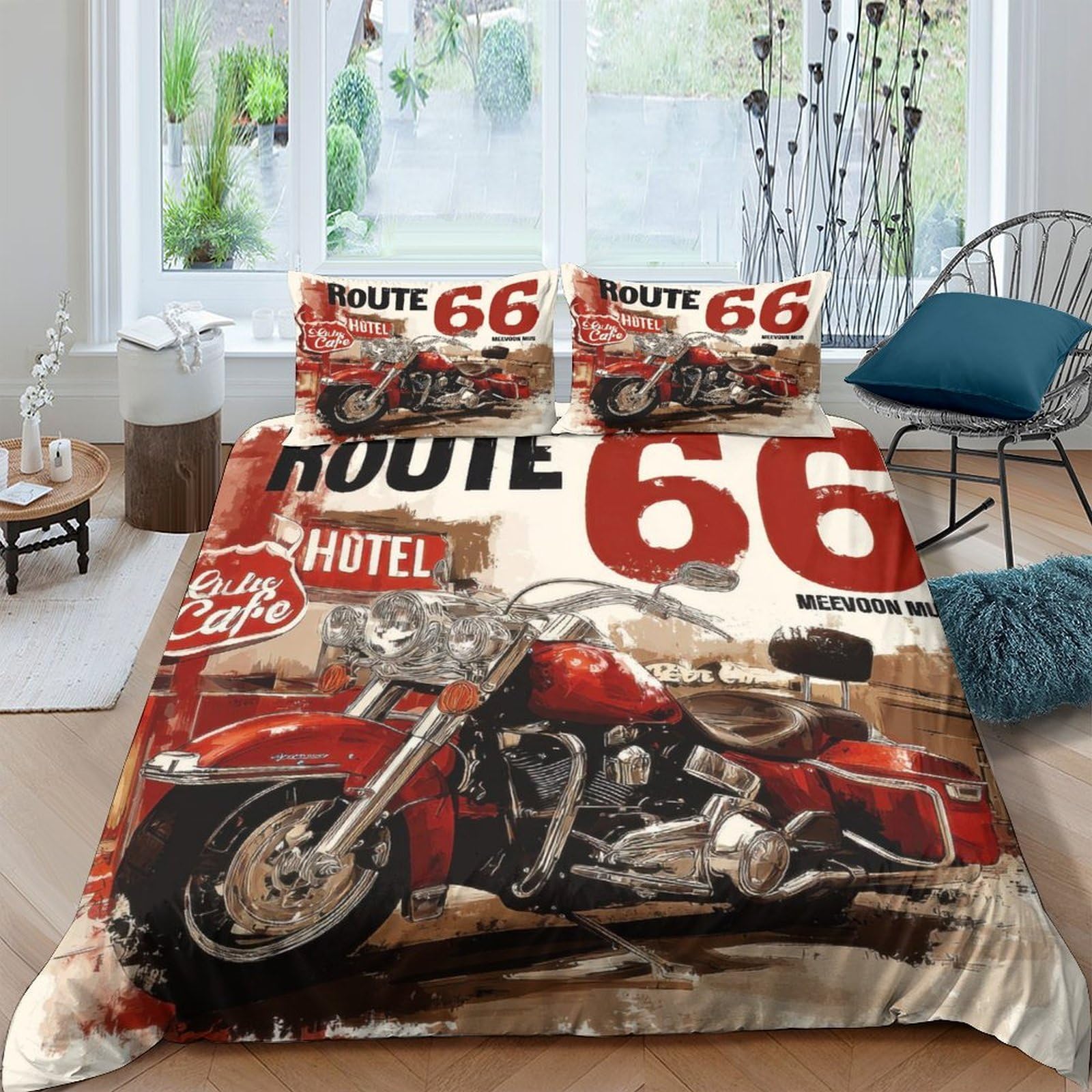 NAOFEKUID 3D Printed Vintage Motorcycle Duvet Cover Microfiber Bedroom Decor Retro Route 66 Bedding Set Soft Breathable for Teens Adults Double（200x200cm）