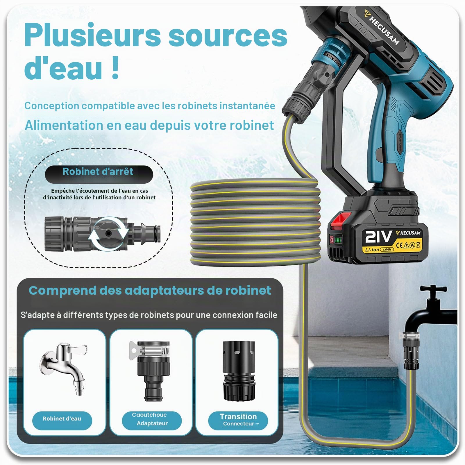 Nettoyeur Haute Pression Sans Fil, Moteur Sans Balais 3000 W,Mode 4 Vitesses,Pression Max 125 Bars, Avec 2 Batteries 4,0 Ah,Buse Pivotante 6 En 1,Brosse De Nettoyage,Tuyau De 5 M,Nettoyage Et Arrosage