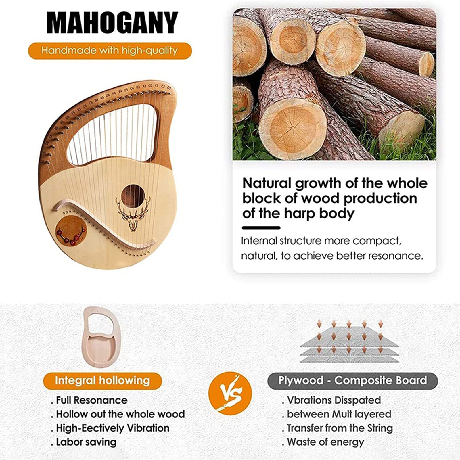 Arpa da giro fatta a mano, arpa lira 21 strumenti arpa in metallo for principianti, strumenti musicali lira arpa in legno di mogano violino greco pianoforte miglior regalo for gli amanti della m