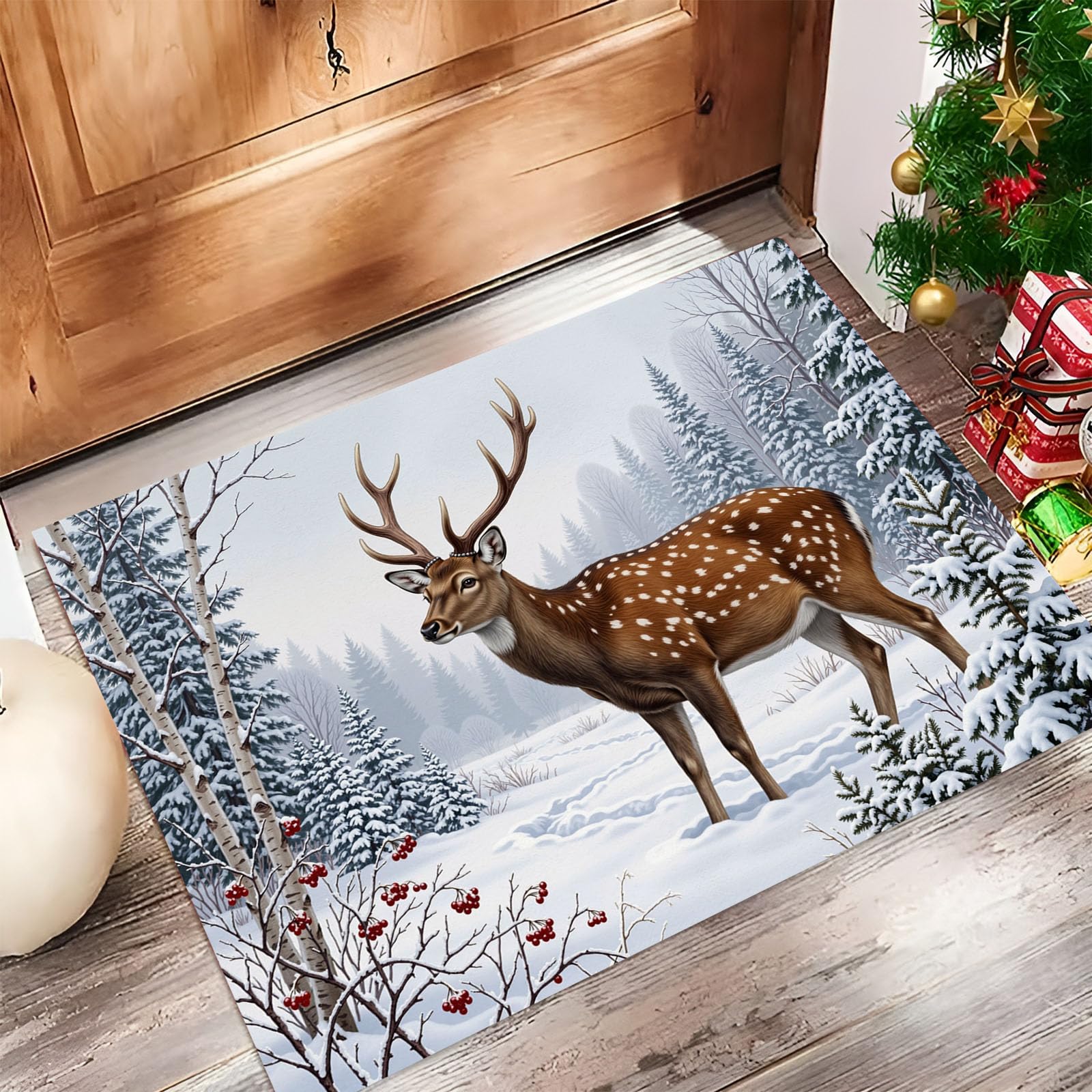 60X90Cm Zerbino Ingresso Interno Antiscivolo Assorbente, Tappeto Microfibra Sottile Lavabile Con Renna Delle Nevi Invernali Animali Della Foresta Nordica Per Cucina Bagno Porta Animali, Bianco