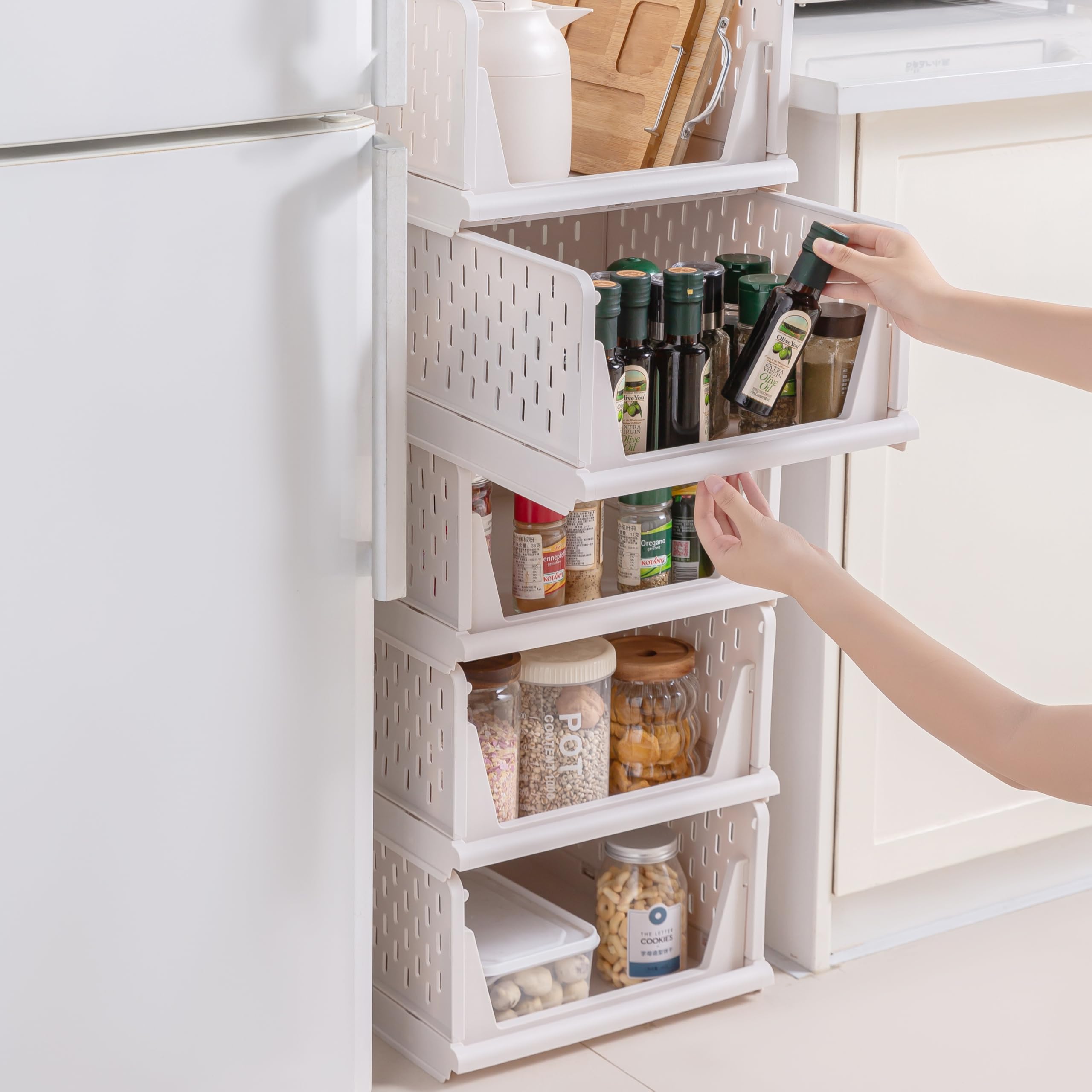 Deuline 10 x Schrank-Organizer klappbar, Kleiderschrank-Organizer stapelbar, ausziehbarer Korb, Aufbewahrung und Organisation, Kunststoff, Schlafzimmer, Büro, Badezimmer, Weiß 521161