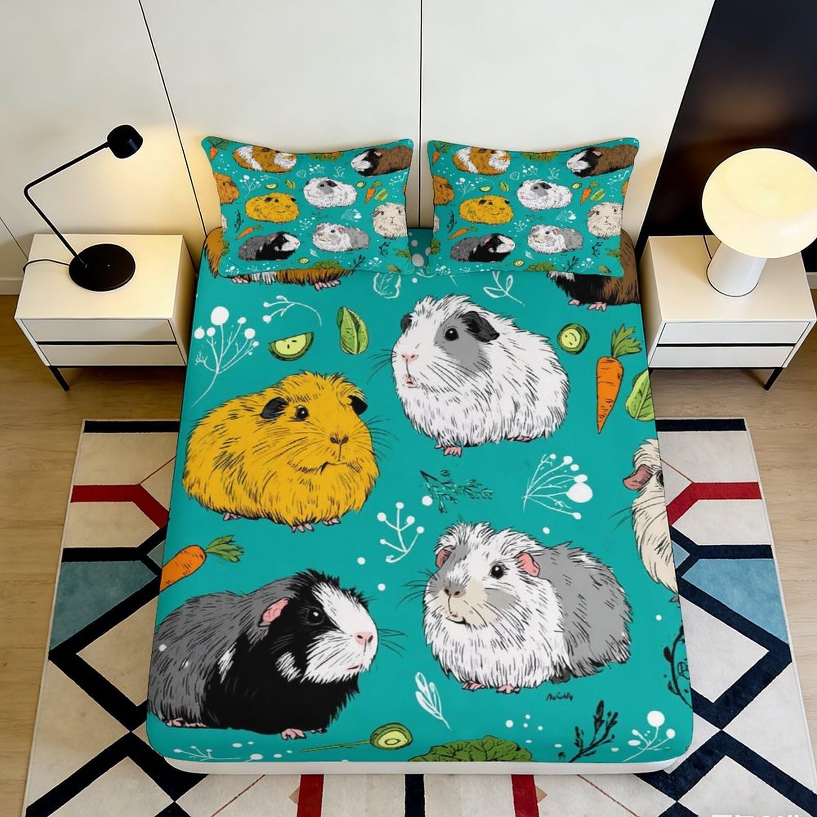 3D Printed Guinea Pig Pattern Fitted Sheet Microfiber Turquoise Cartoon Animal Mattress Cover for Bedroom Dorm Easy Care 180x200x25cm