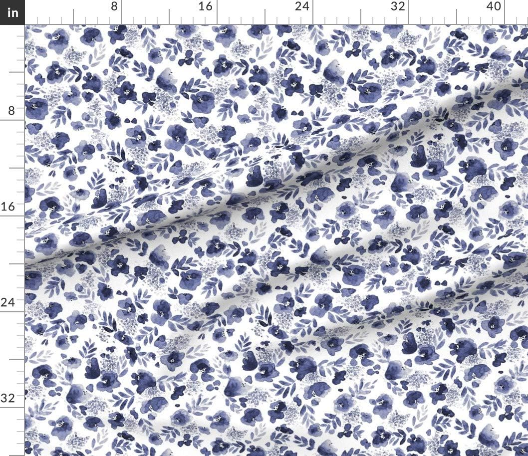 Spoonflower Fabric - Flower Print Indigo Navy Floral Womens Watercolor White Flowers Simple Printed on Petal Signature Cotton Fabric by The Yard - Sewing Quilting Apparel Crafts Decor