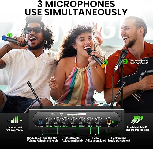 Miniatura 10 de Sistema de micrófono inalámbrico de doble canal, juego de micrófono inalámbrico de mano con eco/música Bluetooth/ajuste de volumen, micrófono