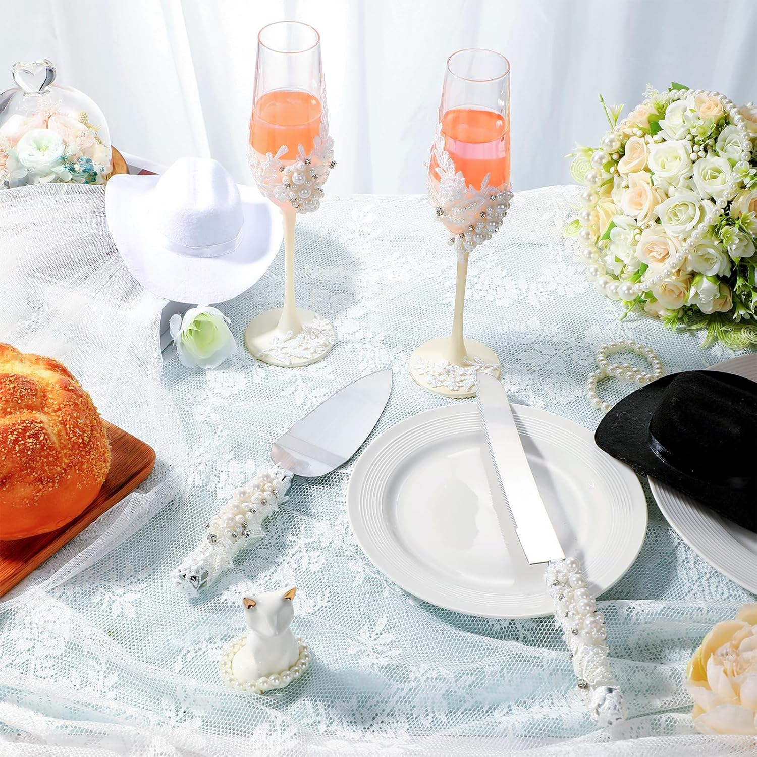 Boao Pearl Wedding Champagne Flutes and Cake Knife Server Set of 4, Champagne Flutes Toasting Glasses with Pearls for Bride and Groom Engagement Anniversary Bridal Shower Gifts (Mr and Mrs,Rose Gold) - Image 3