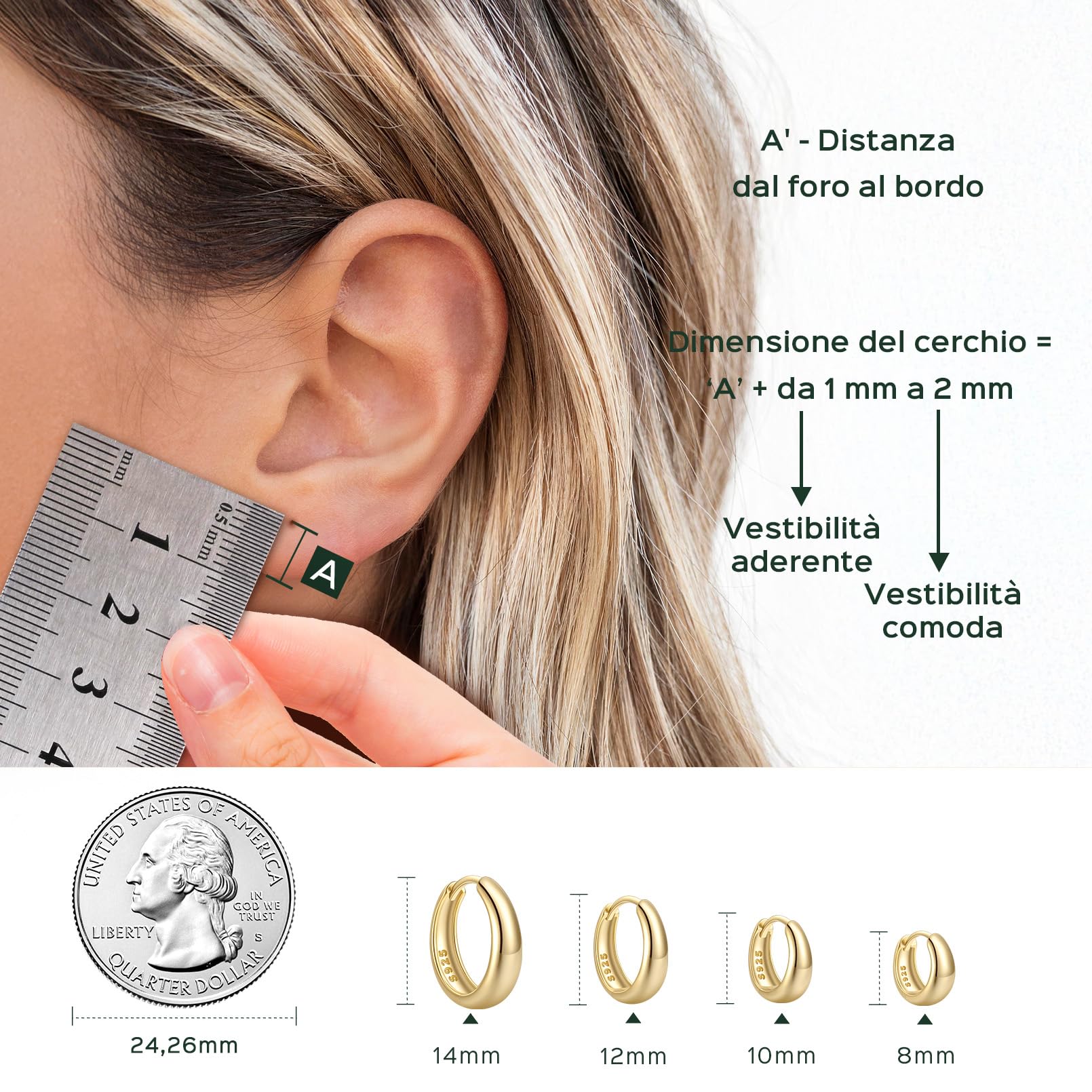 ChicSilver 8-14mm Orecchini a Cerchio Donna Argento 925 Nero Oro Eleganti