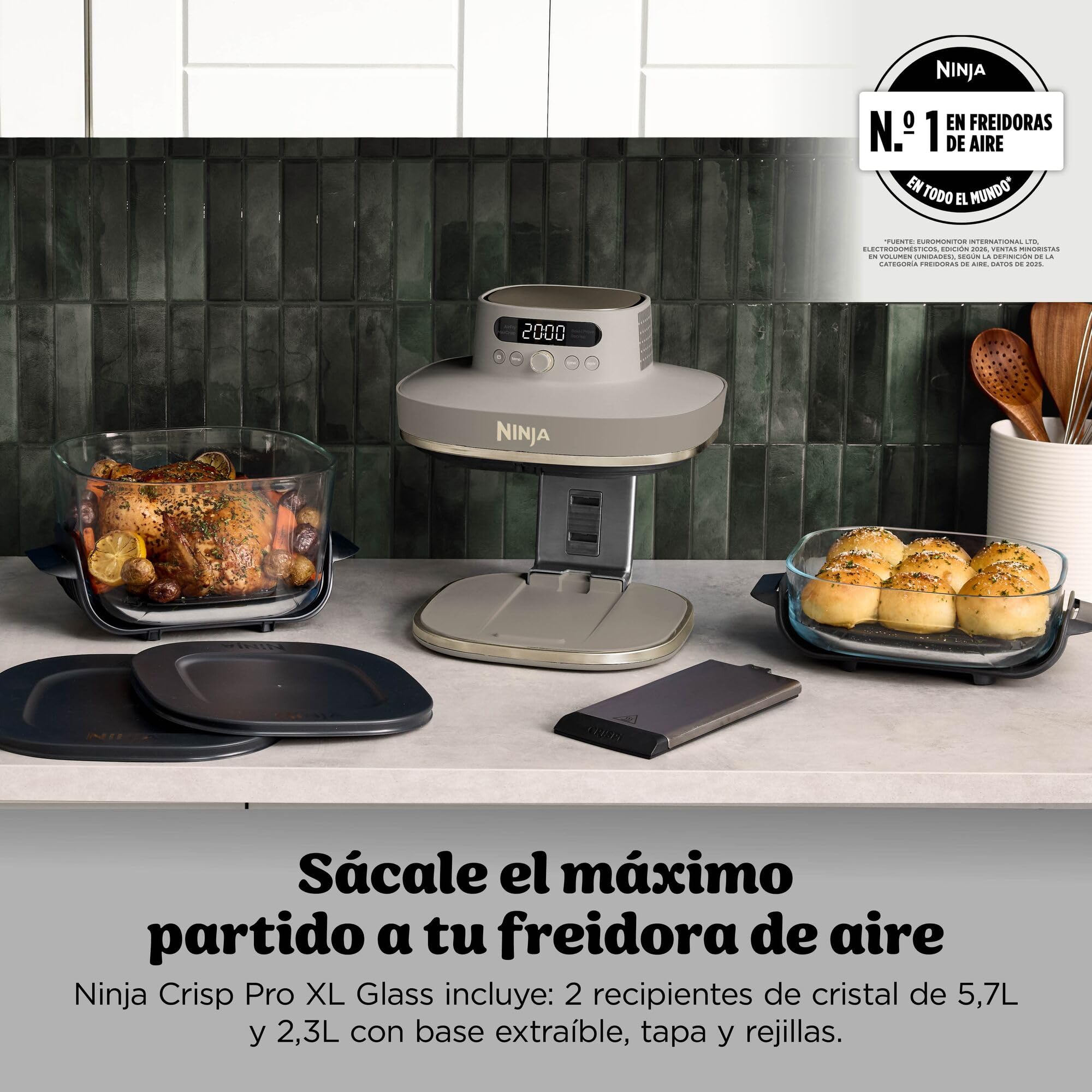 Ninja CRISPi PRO XL Freidora de aire, 5 funciones de cocción predefinidas, recipientes de cocción de cristal CleanCrisp de 5,7 y 2,3 l y tapas para almacenamiento, Dorado piedra AS090EUSD