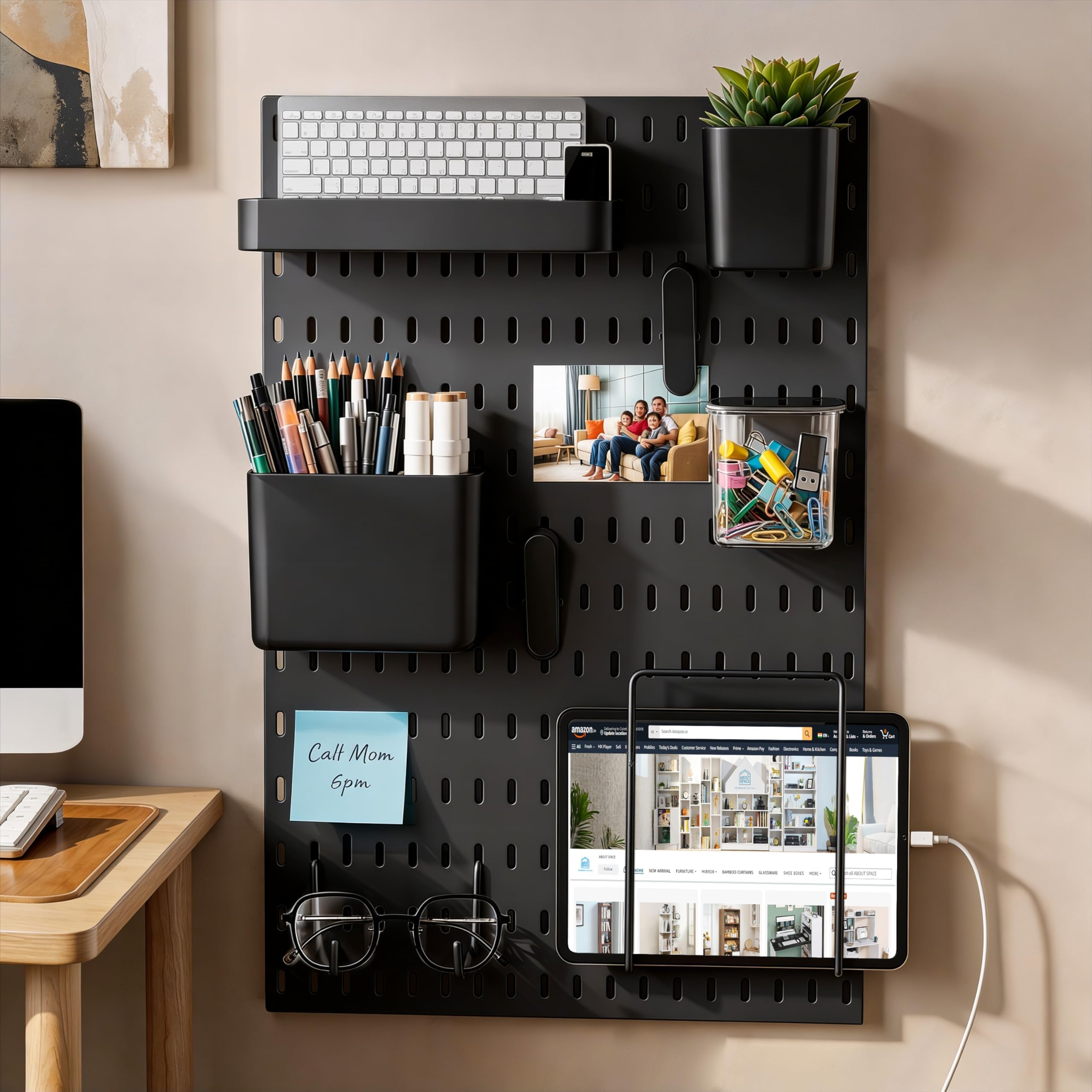 ABOUT SPACE Peg Board - Pegboard Wall Organizer with 10 Accessories & Self-Adhesive Stickers for Home Office, Bathroom, Kitchen, White Pegboard Wall Hanging -(Black - L 36 x H 56 cm)