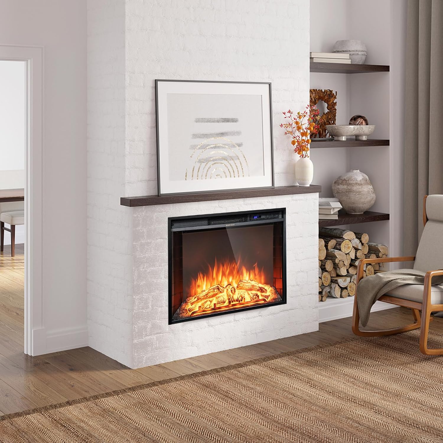 Tangkula Recessed Electric Fireplace, 26 Inch Fireplace with Adjustable Flame Brightness, LED Screen & Remote Control with Timer, Overheating Protection, 750W/1500W Fireplace Heater
