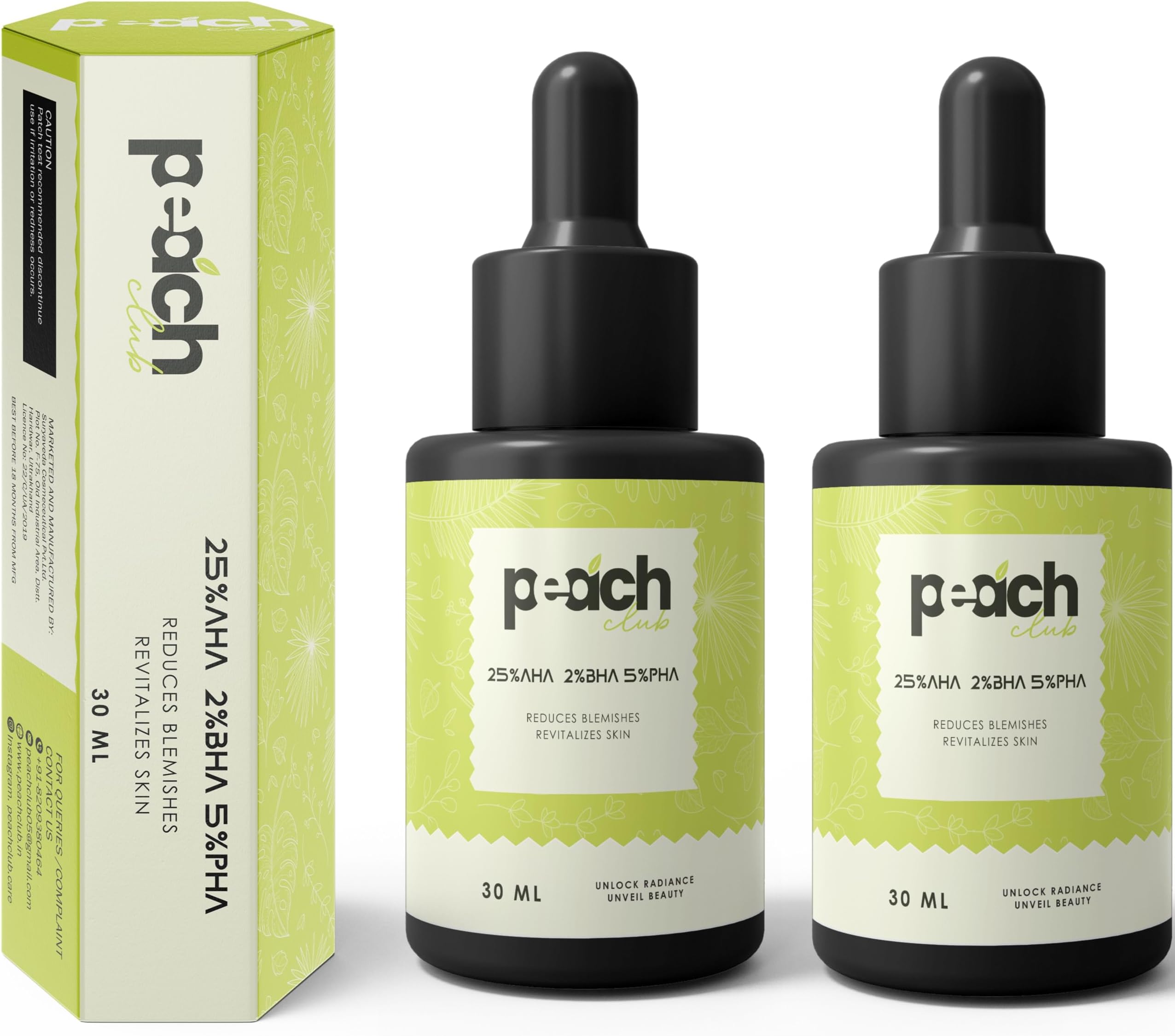 Peach Club 25% AHA + 2% BHA + 5% PHA Peeling Solution for Face | Deeply Exfoliate and Gives Glow to Skin | Evens the Skin Tone | Exfoliating Serum - 30ml (Pack of 2)