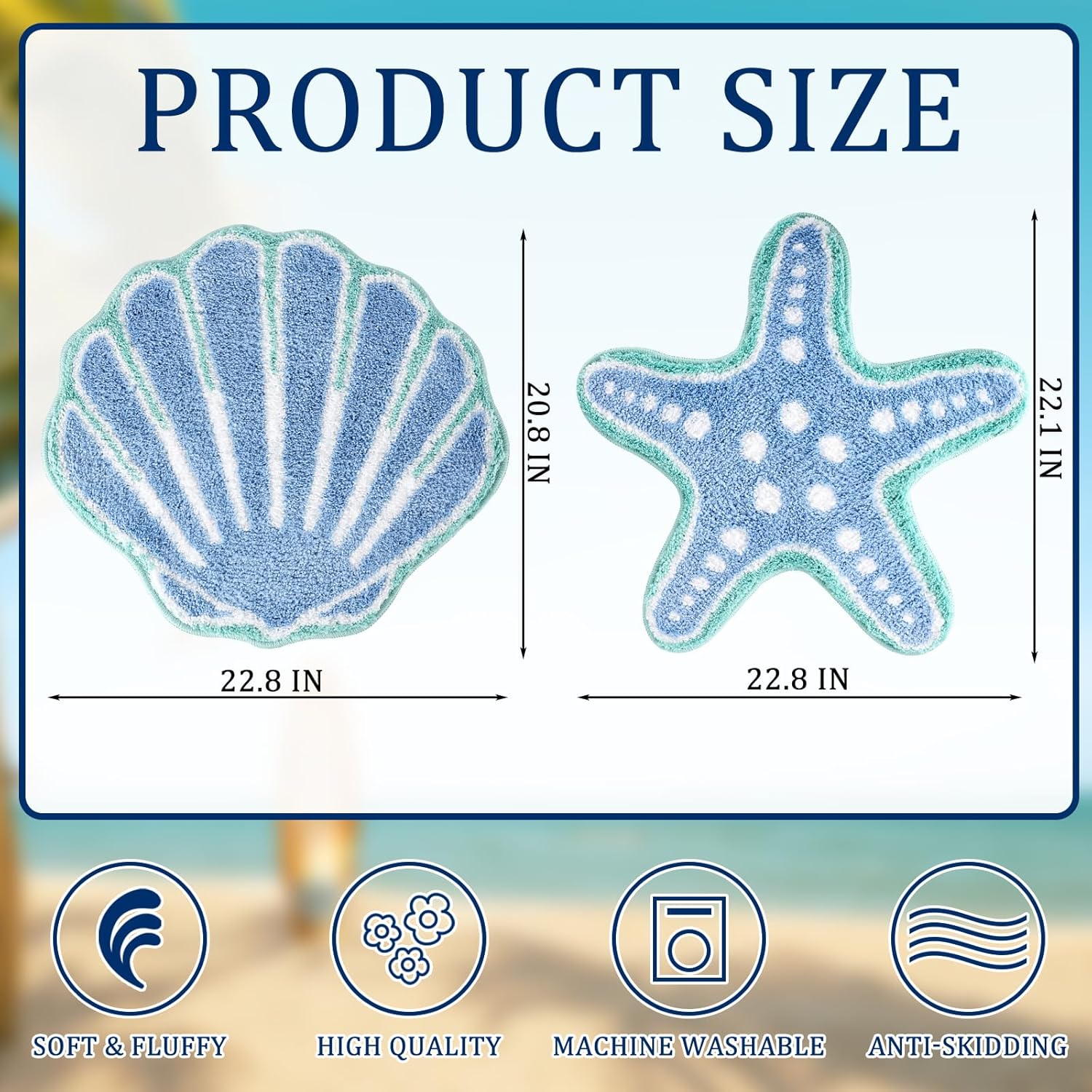 2 Pcs Beach Bathroom Rugs Non Slip Washable Ocean Seashell Starfish Mats Rugs Coastal Bath Rugs for Room Decor Nautical Fluffy Plush Soft Absorbent Farmhouse Carpet for Bathroom Shower, Tub - Image 2